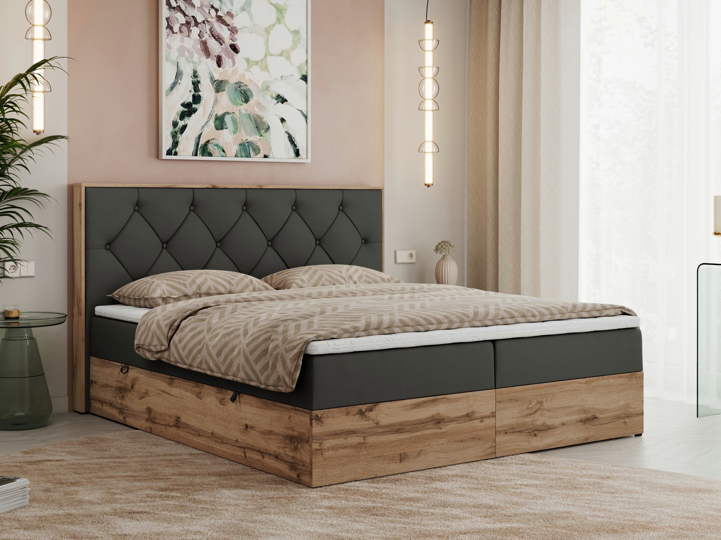 MKS MÖBEL Boxbett VENETO (Boxspringbett - set, Packung, Polsterbett, zwei Bettkästen, Topper T25/Visco, T30-Schaum), Multipocket Matratzen, Rahmen des Bettes in Eichen-Optik
