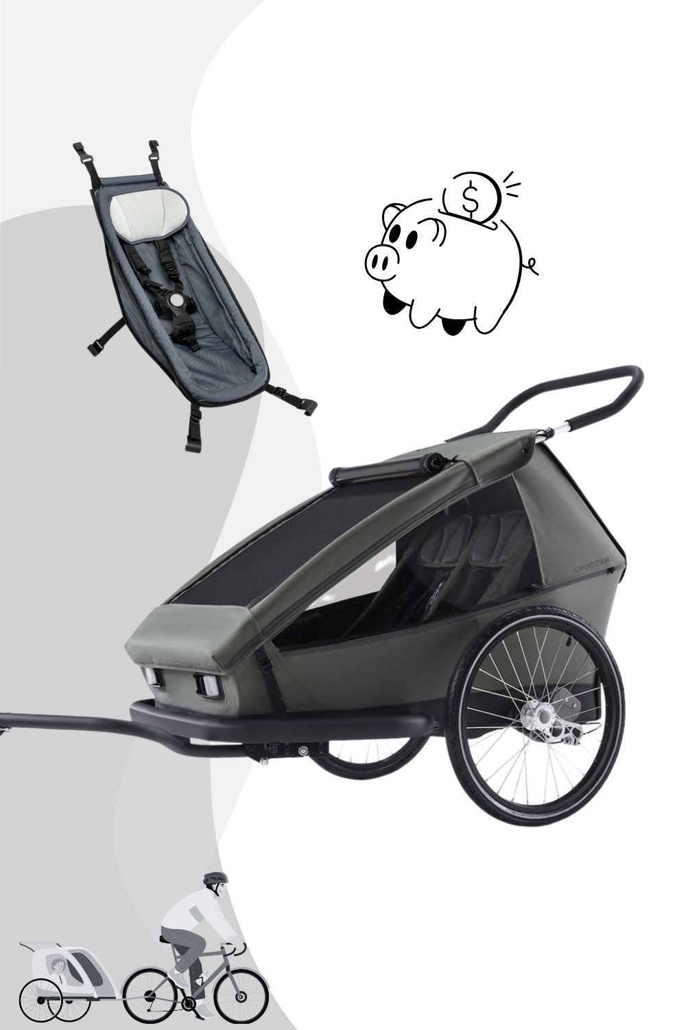 Croozer Fahrradkinderanhänger Kid Ellma 2 2in1 Kinderfahrradanhänger - Farbe: Moos Green, Für zwei Kinder, Anhänger und Buggy in einem