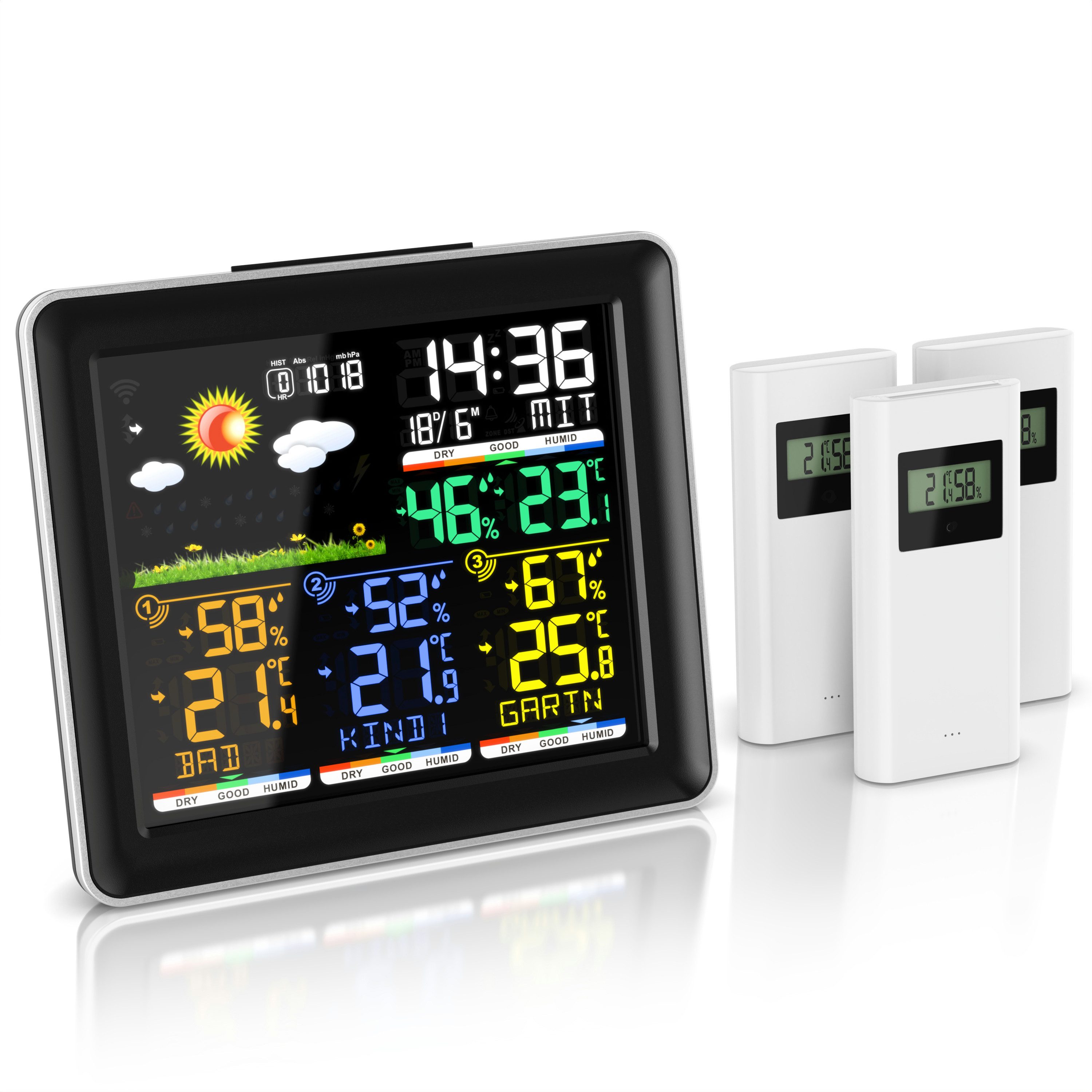 BEARWARE Funk, mit Farbdisplay, Wireless Funksensor/Außensensor, DCF Funkuhr Wetterstation (mit Außensensor, Luftdruck, Wettervorhersage, Barometer, Wecker, Alarm, Snooze)