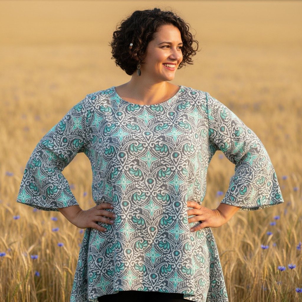 Guru-Shop Longbluse Tunika mit Trompetenärmeln für starke Frauen,.. Festival, Ethno Style, Hippie, alternative Bekleidung