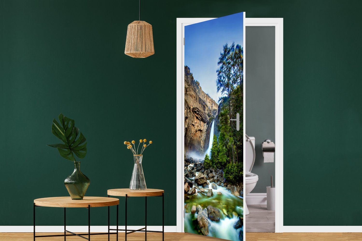75x205 Matt, bedruckt, für cm Ein und MuchoWow Fluss (1 grüner Wasserfall Tür, ein St), Türtapete Türaufkleber, Yosemite-Nationalpark, Fototapete im