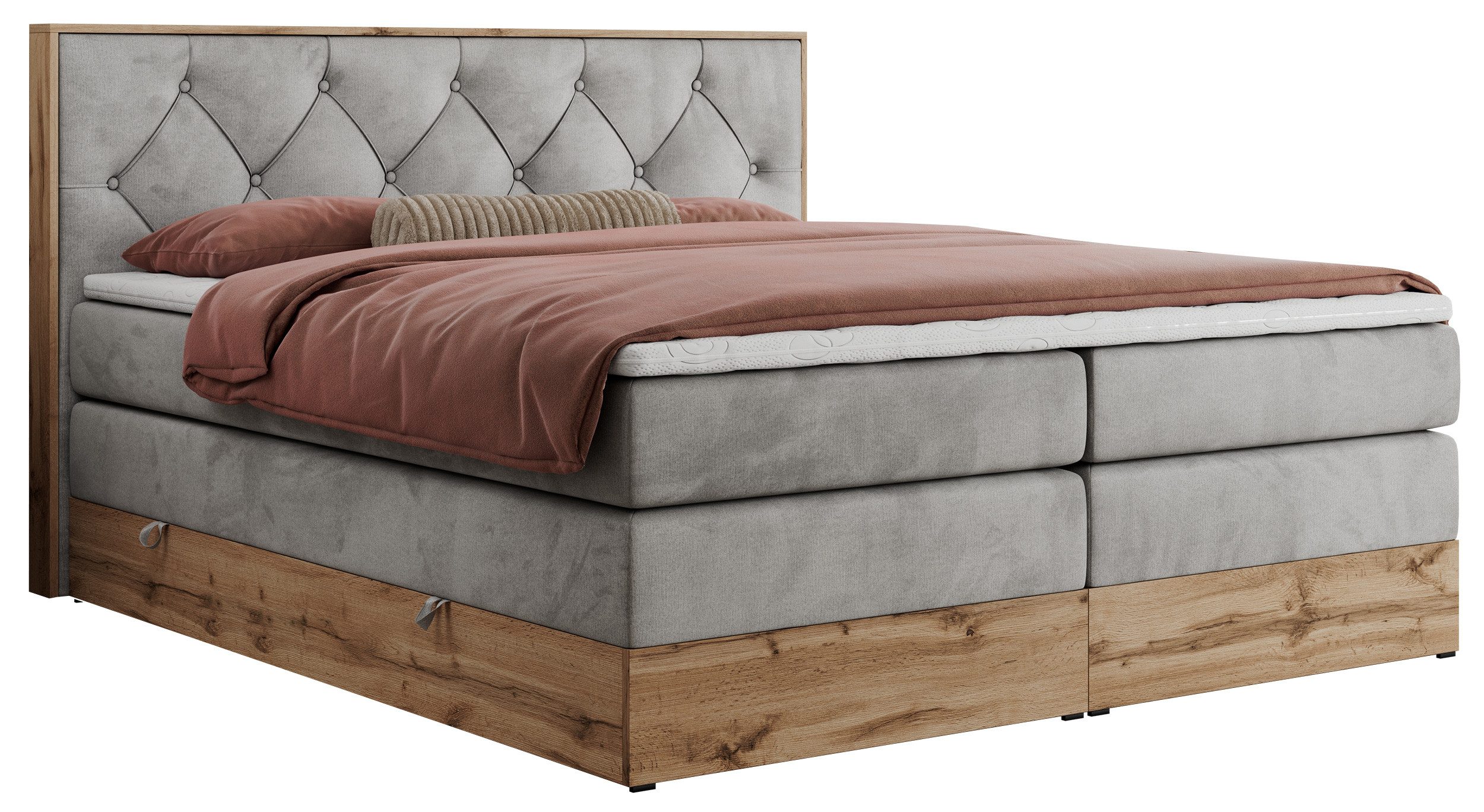 MKS MÖBEL Boxspringbett VENETO KING (Doppelbett, Multipocket-Matratzen, Topper T25/Visco, T30-Schaum), zwei Bettkästen und Rahmen in Eichen-Optik, Schlafzimmer, Polsterbett