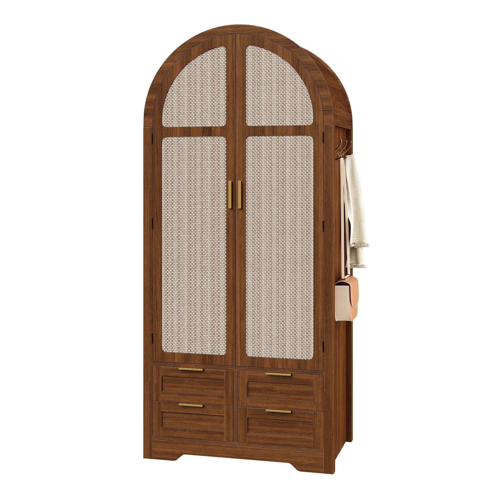 Merax Kleiderschrank mit Stofftüren, Schublade & Kleiderstange (Kommode, 1-St., für Gäste- & Ankleidezimmer) Garderobenschrank mit geschwungenen Türen & Rattanfront, 80x50x179 cm