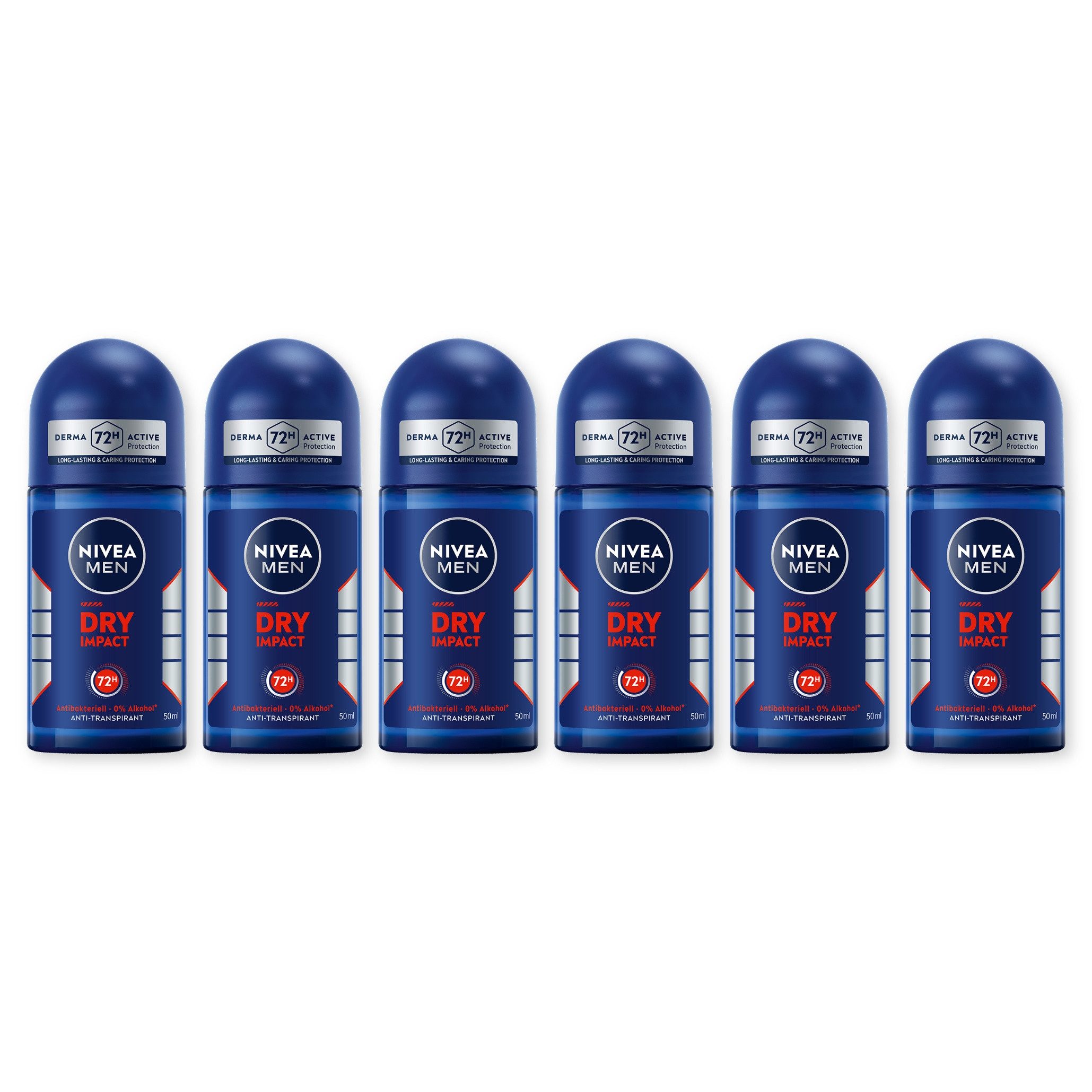 Nivea Men Deo-Roller Deodorant Men Dry Impact Deo Roll-On 6 x 50ml, 6-tlg., 72h Anti-Transpirant-Schutz