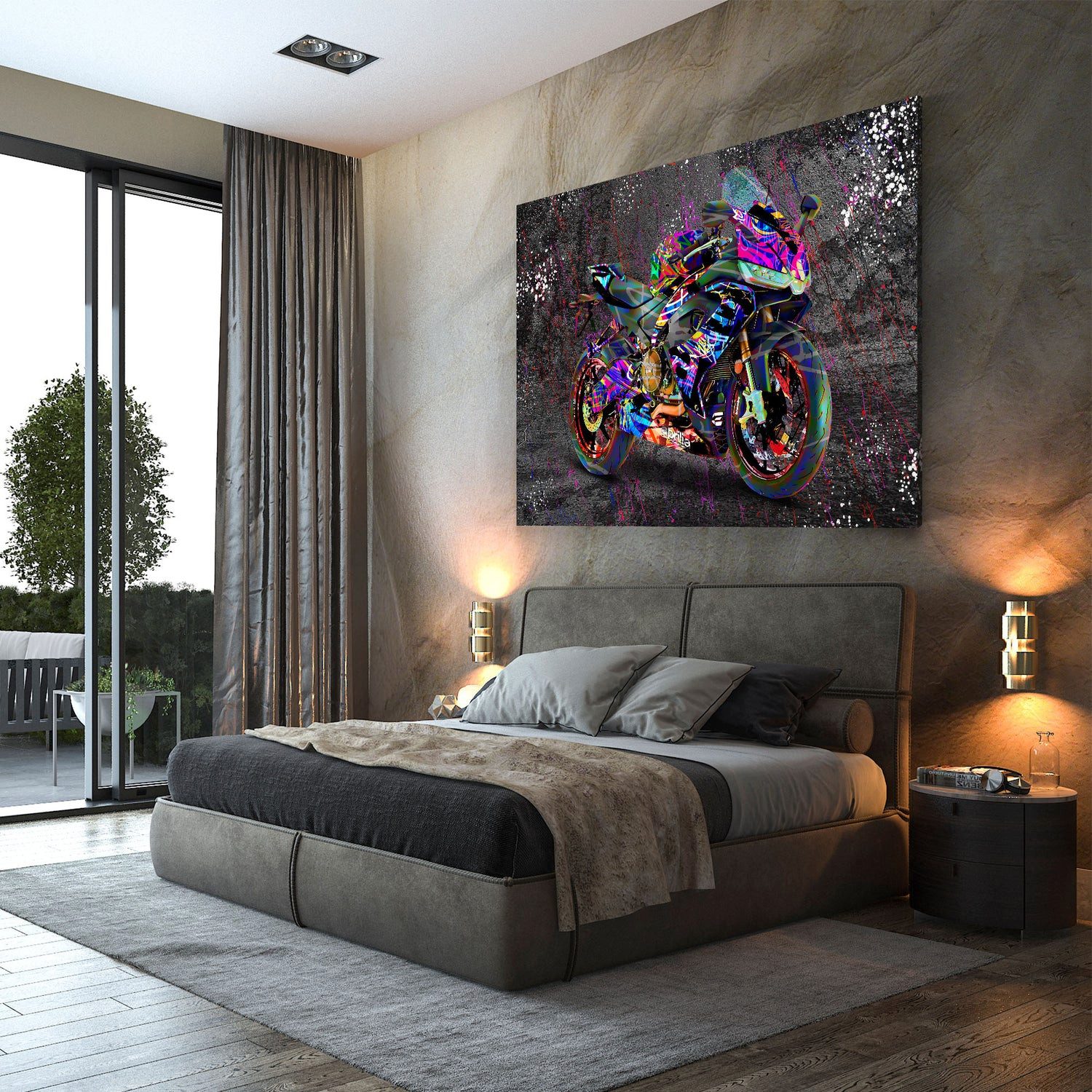 Artedinoi Leinwandbild Motorrad Graffiti Street Art Wandbild Leinwandbild Kunstdruck XL Wandd, Motorrad im Graffiti-Look