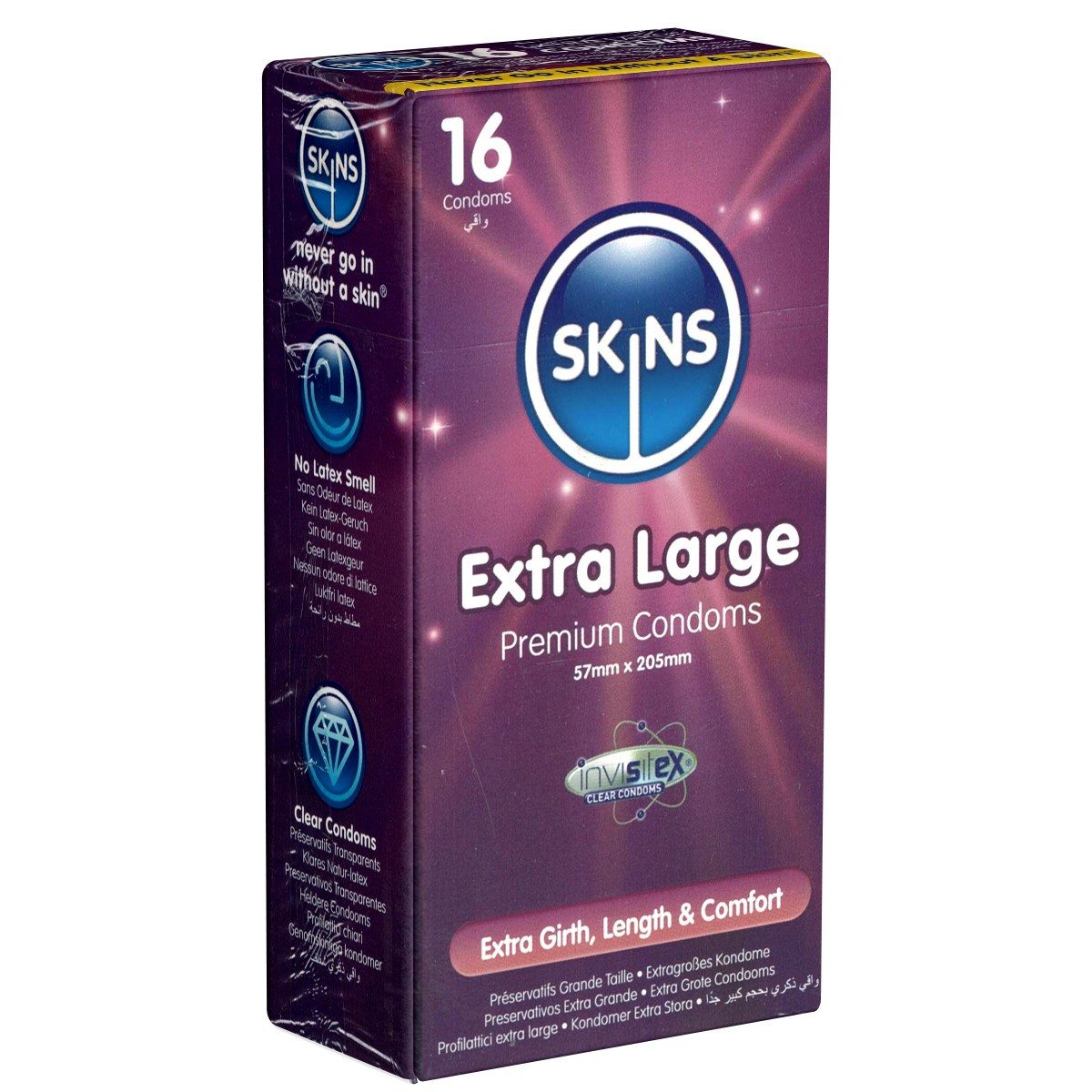 SKINS Condoms XXL-Kondome Extra Large, samtweiche Oberfläche, fühlt sich an wie "echt", Packung mit, 16 St., XXL Kondome mit Vanille-Duft, durchsichtiges Latex (kristallklar), kein Latexgeruch