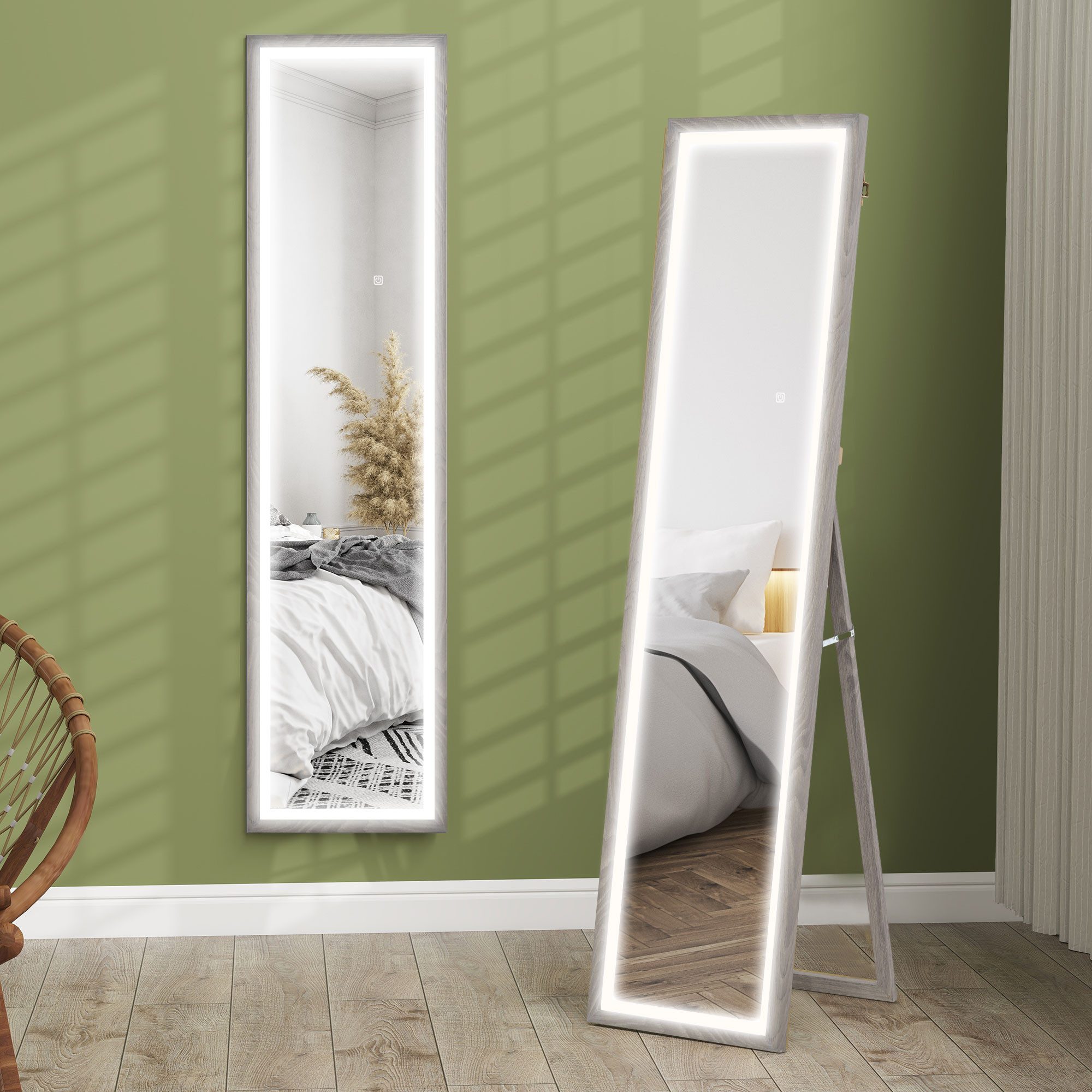 HOMCOM Standspiegel Ganzkörperspiegel 40 x 160 cm mit LED-Lichte, 3 Lichtfarben (Wandspiegel, 1-St., Ganzkörperspiegel), für Schlafzimmer, Wohnzimmer, Grau