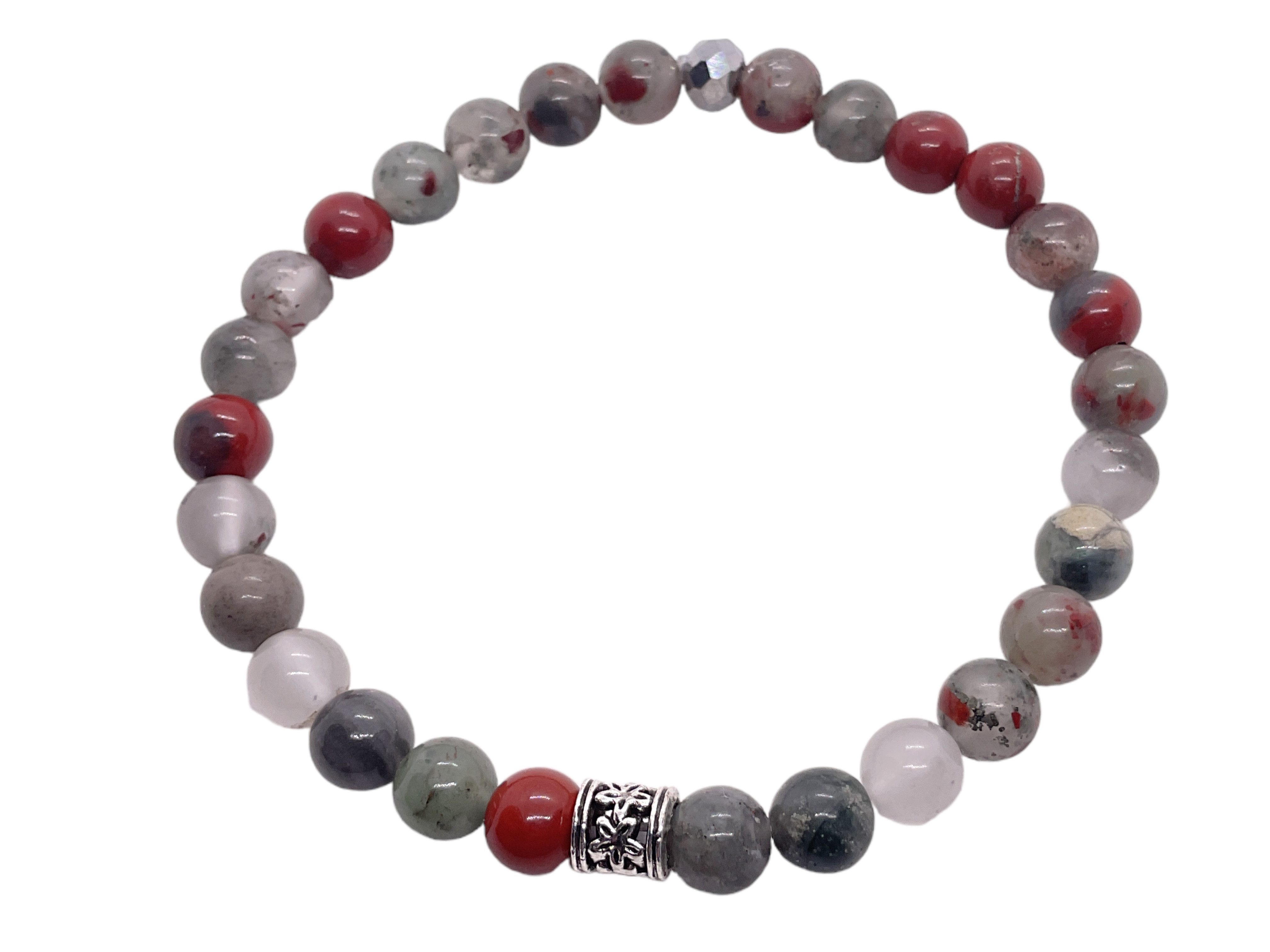Steinfixx® Perlenarmband Edelsteinarmband afrikanischer Blutstein - Drachenblutstein (Handmade in Germany, 1-tlg., Vitalität und Heiterkeit, inclusive Geschenkbox), mit silberner Vintage Perle und platinierter facettierter Perle