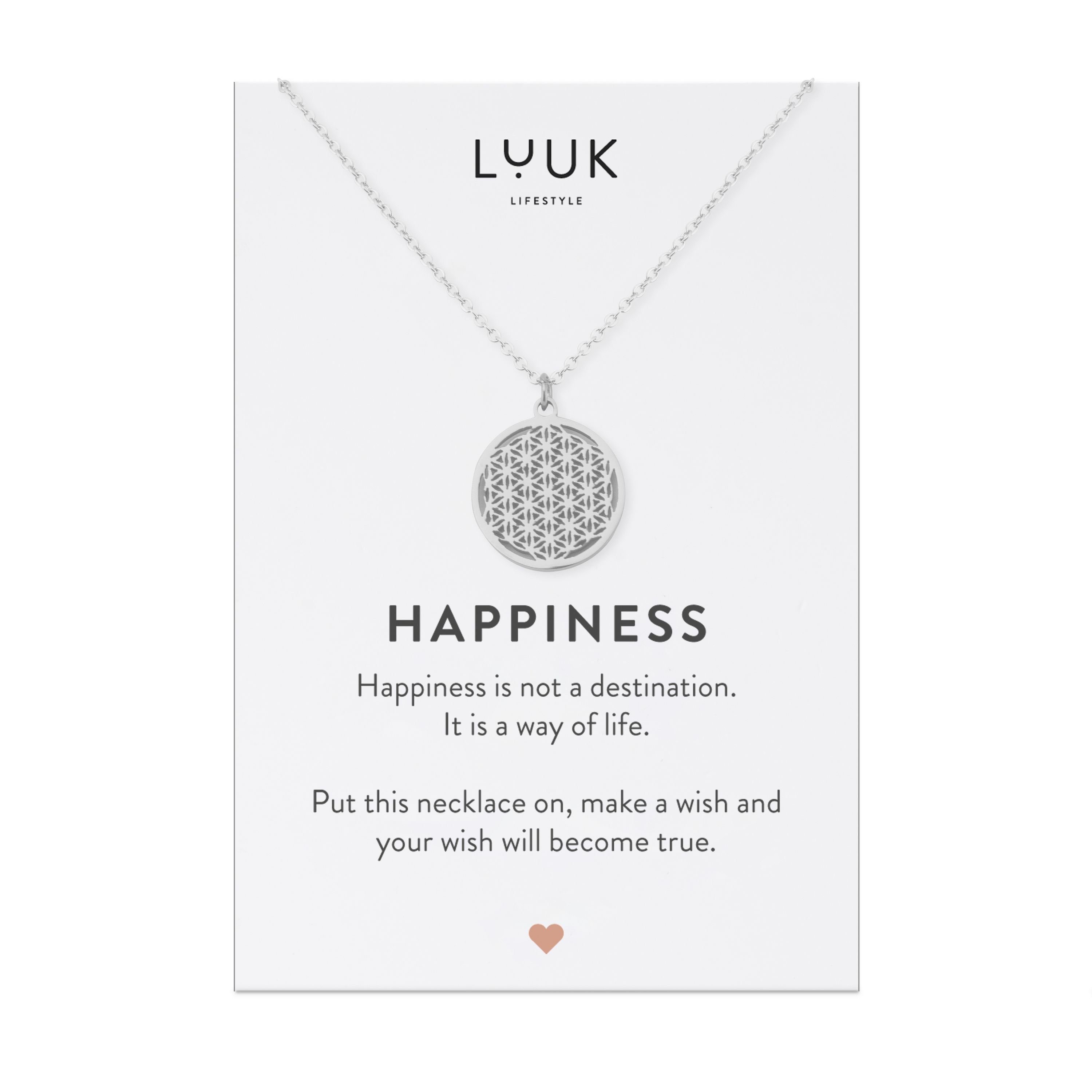 LUUK LIFESTYLE Kette mit Anhänger Blume des Lebens, Blume des Lebens Anhänger aus Edelstahl, Geschenk für Frauen und Teenagerin, schlichtes Design, HAPPINESS Spruchkarte, Zen Symbol, Freundschaftskette, Silber