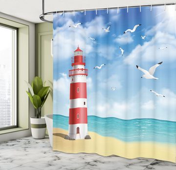 Abakuhaus Duschvorhang Moderner Digitaldruck mit 12 Haken auf Stoff Wasser Resistent Breite 175 cm, Höhe 180 cm, Strand Leuchtturm Möwen Ozean
