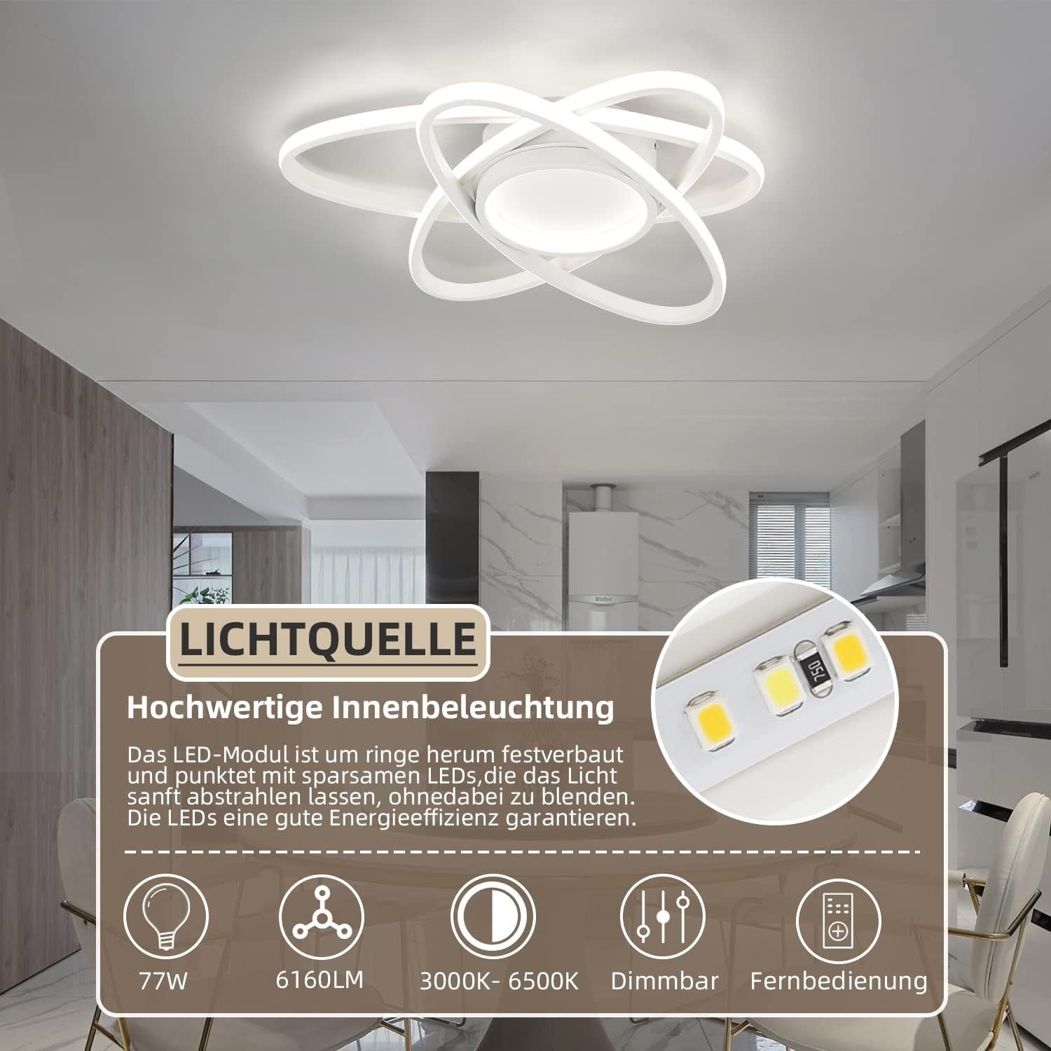 fest Dimmbar mit Modern Kaltweiß, 77W LED Schlafzimmer Küche Nettlife Deckenlampe Neutralweiß, Wohnzimmer Fernbedienung, Deckenbeleuchtung, Warmweiß, Schwarz Deckenleuchte Esszimmer LED Flur, integriert, für