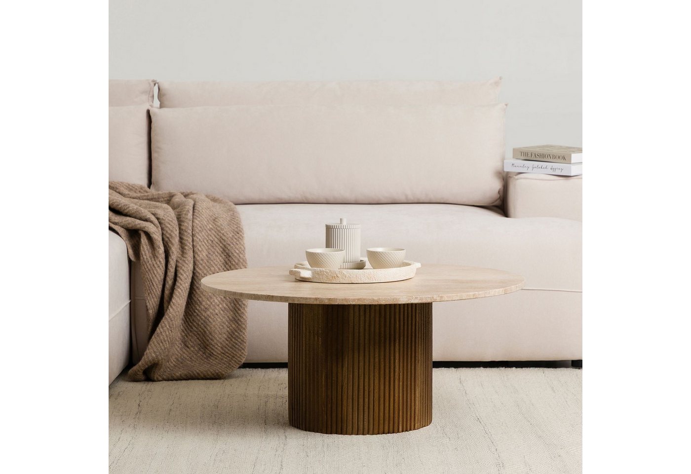 IDIMEX Couchtisch NARMADA, Couchtisch rund 80 cm aus Travertin und Mangoholz Braun