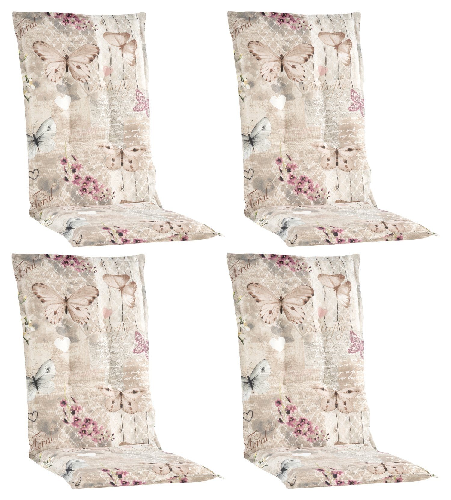 Hochlehnerauflage BUTTERFLY, B 50 x L 120 cm, Beige, Rosa, 4er Set