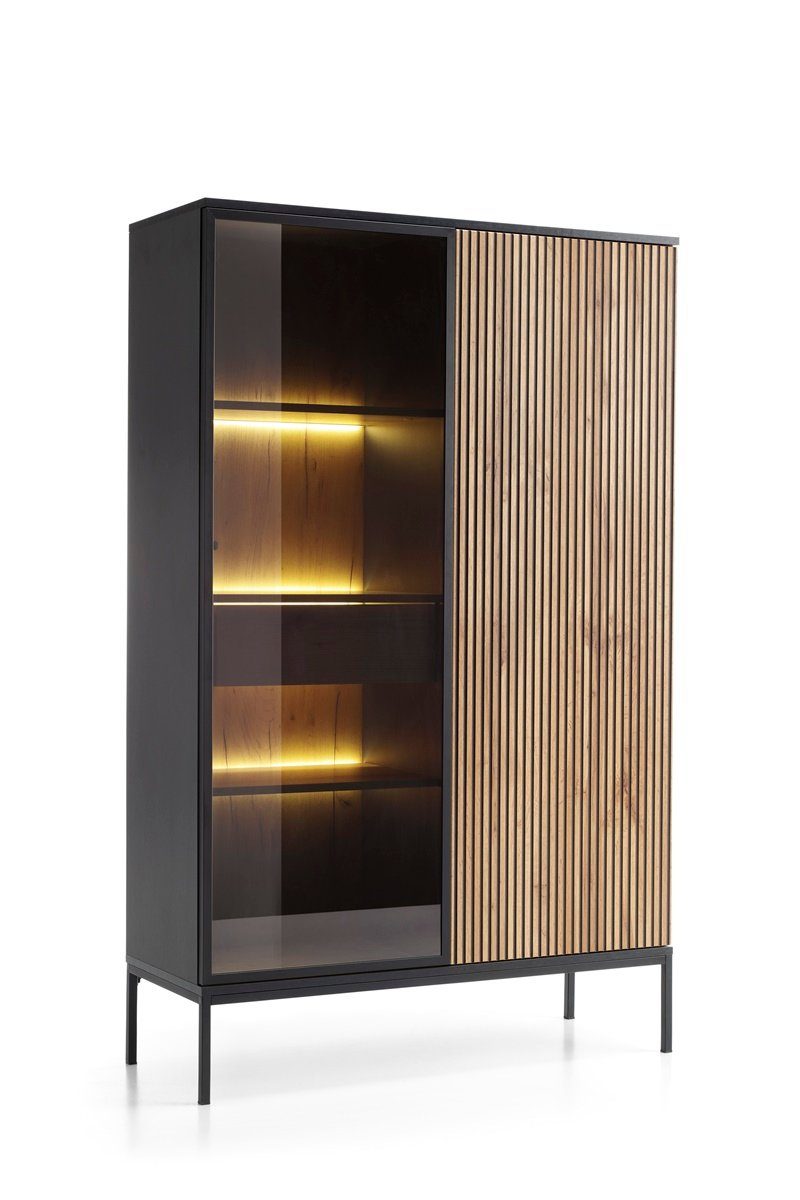 Compleo Vitrine LINO eiche Wohnzimmer mit Modern wotan/Graphit gefräst, Standvitrine Fronten Schublade, LED-Beleuchtung