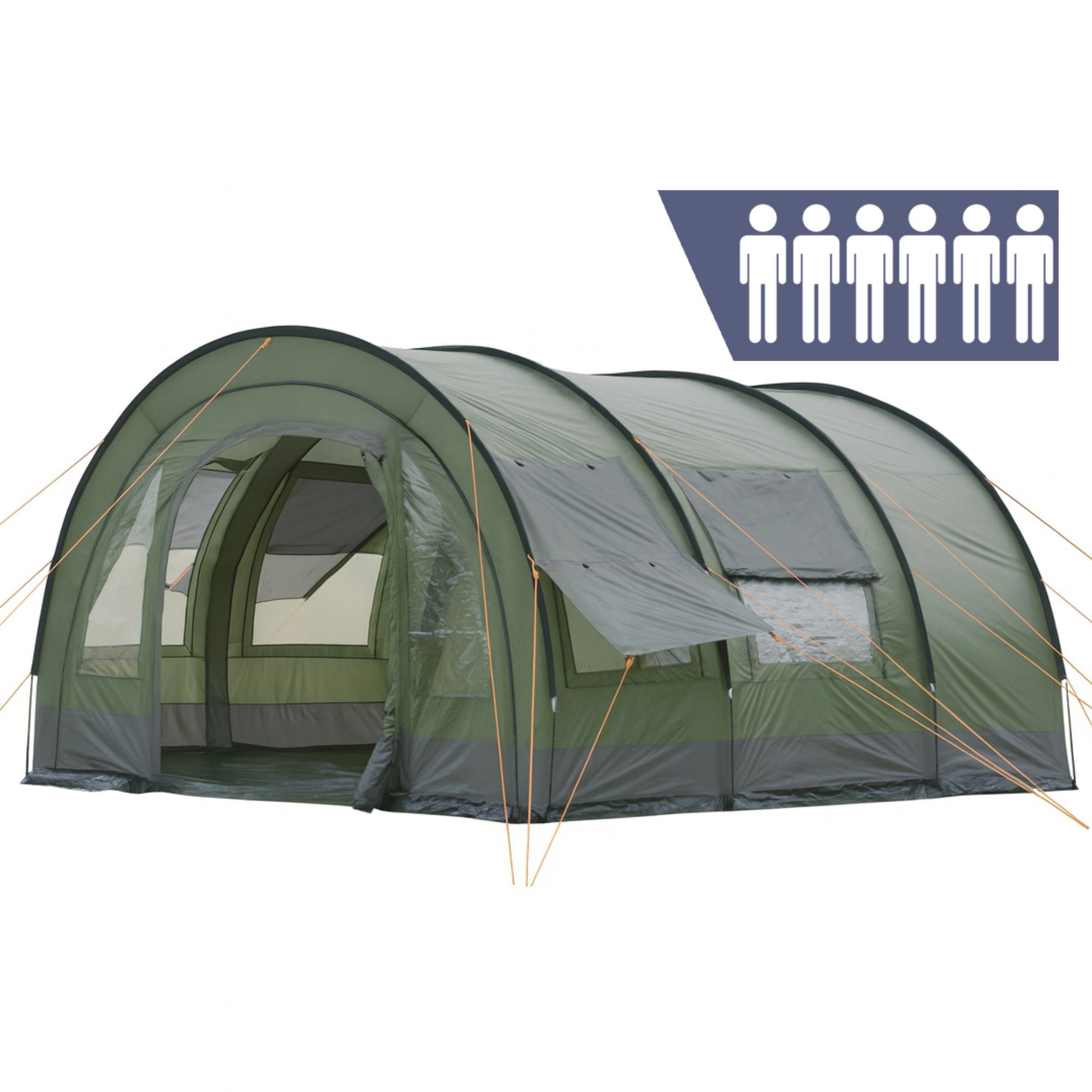 CampFeuer Tunnelzelt Zelt Relax6 für 6 Personen, 5000 mm Wassersäule, Oliv/Grau, XXL Tunnel, Personen: 6