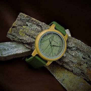 Holzwerk Quarzuhr LANDAU Damen & Herren Holz Uhr mit Silikon Armband in grün & beige