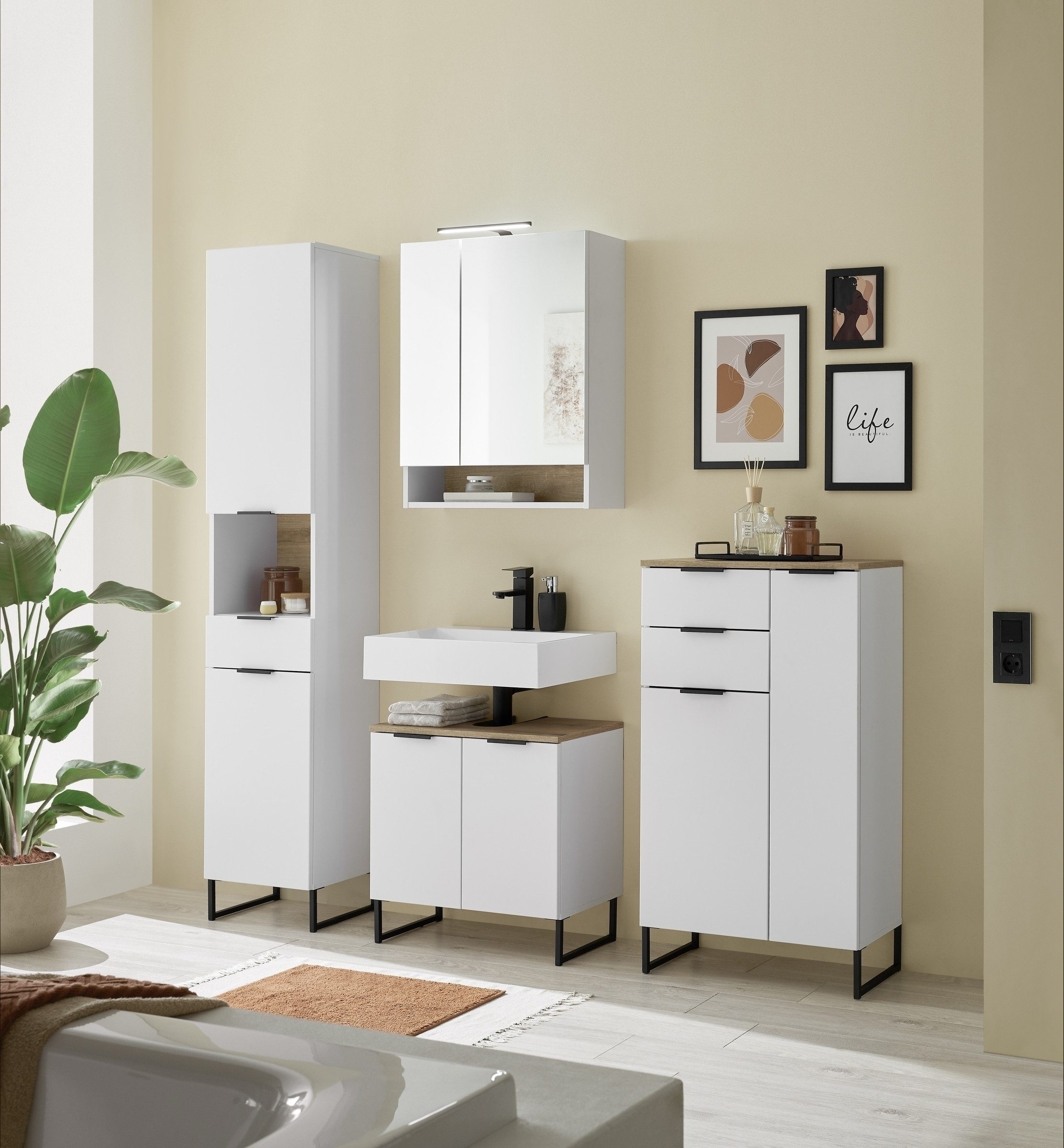PREISBRECHER Badezimmer-Set Denver, (4-tlg), (4-tlg) in weiß matt / Evoke Eiche Dekor - 200x195x35 (BxHxT)