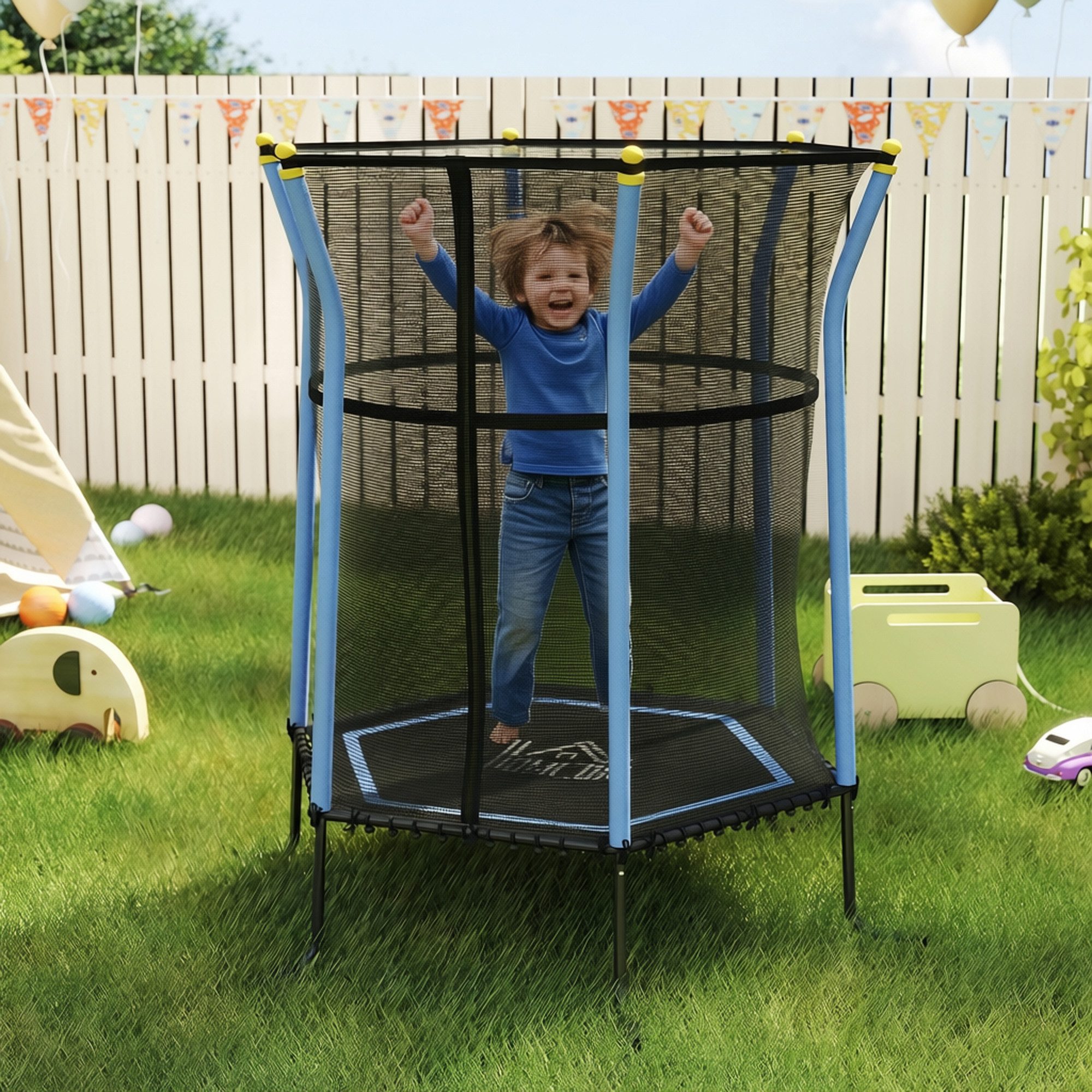HOMCOM Kindertrampolin mit Sicherheitsnetz, Randabdeckung, Gummiseil, Ø 111 cm, (Indoor Trampolin, 1 tlg., Trampolin), bis 50 kg, für Kinder 3-10 Jahre Blau