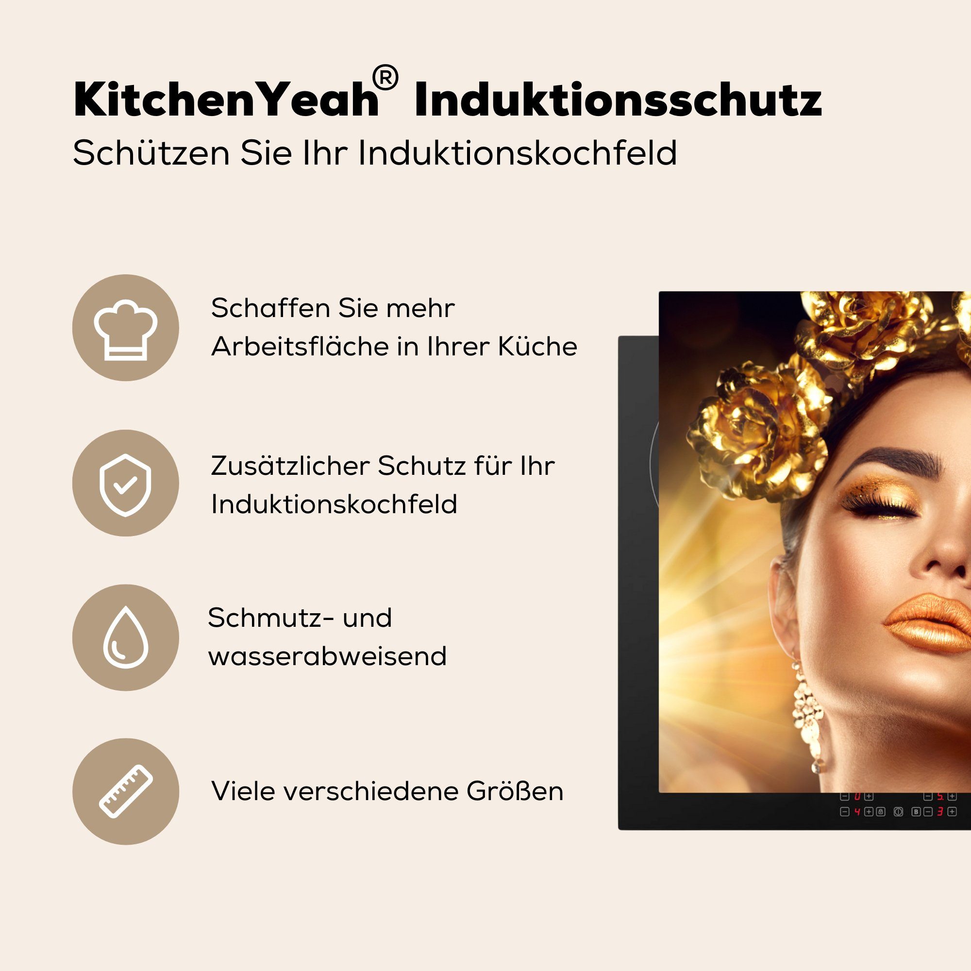 Arbeitsplatte 78x78 Vinyl, für Gold, (1 cm, - Ceranfeldabdeckung, Herdblende-/Abdeckplatte tlg), - Rosen Frau MuchoWow küche