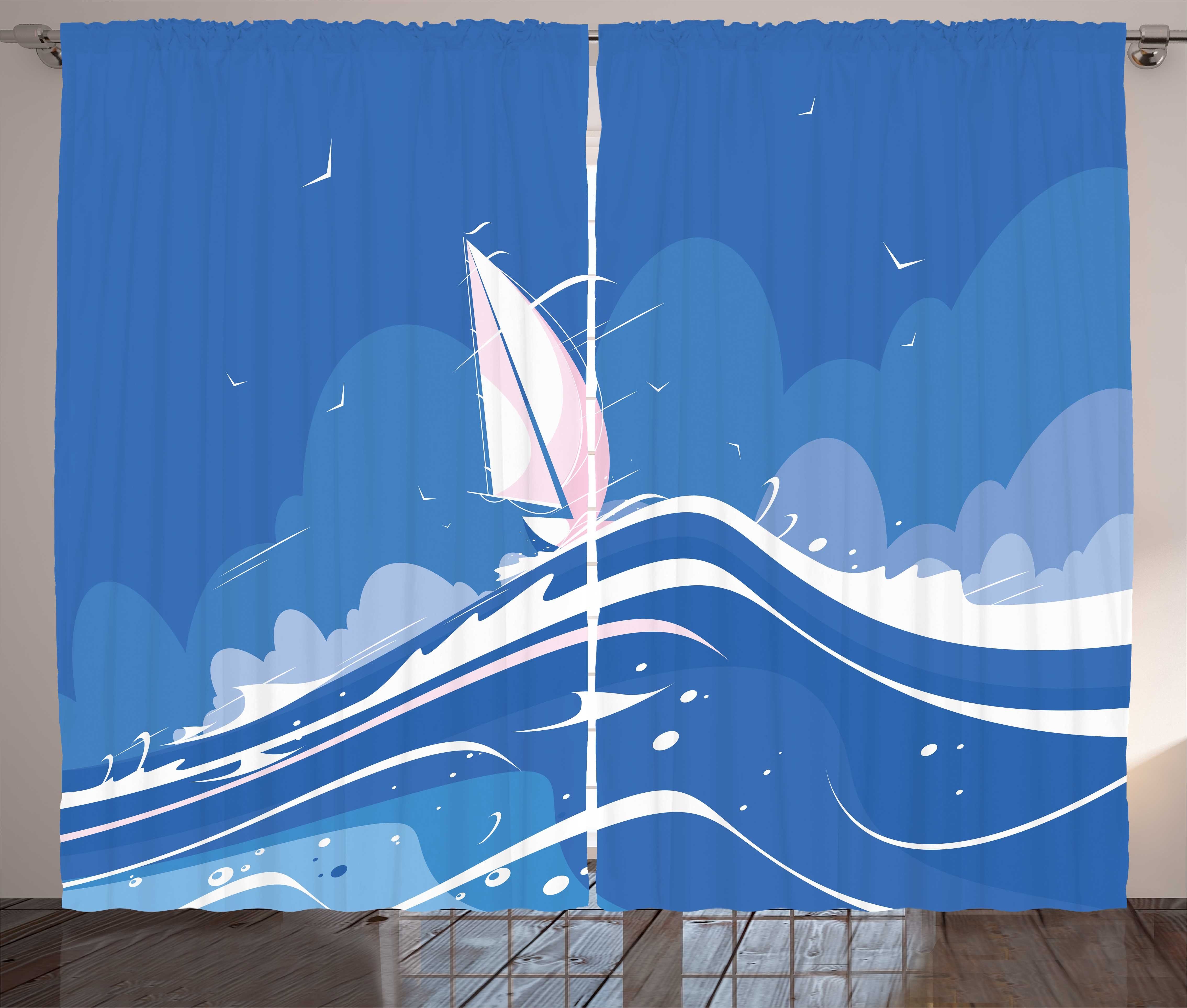 Gardine Schlafzimmer Kräuselband Vorhang mit Schlaufen und Haken, Abakuhaus, Blau Wasser Wolken Möwen Boot