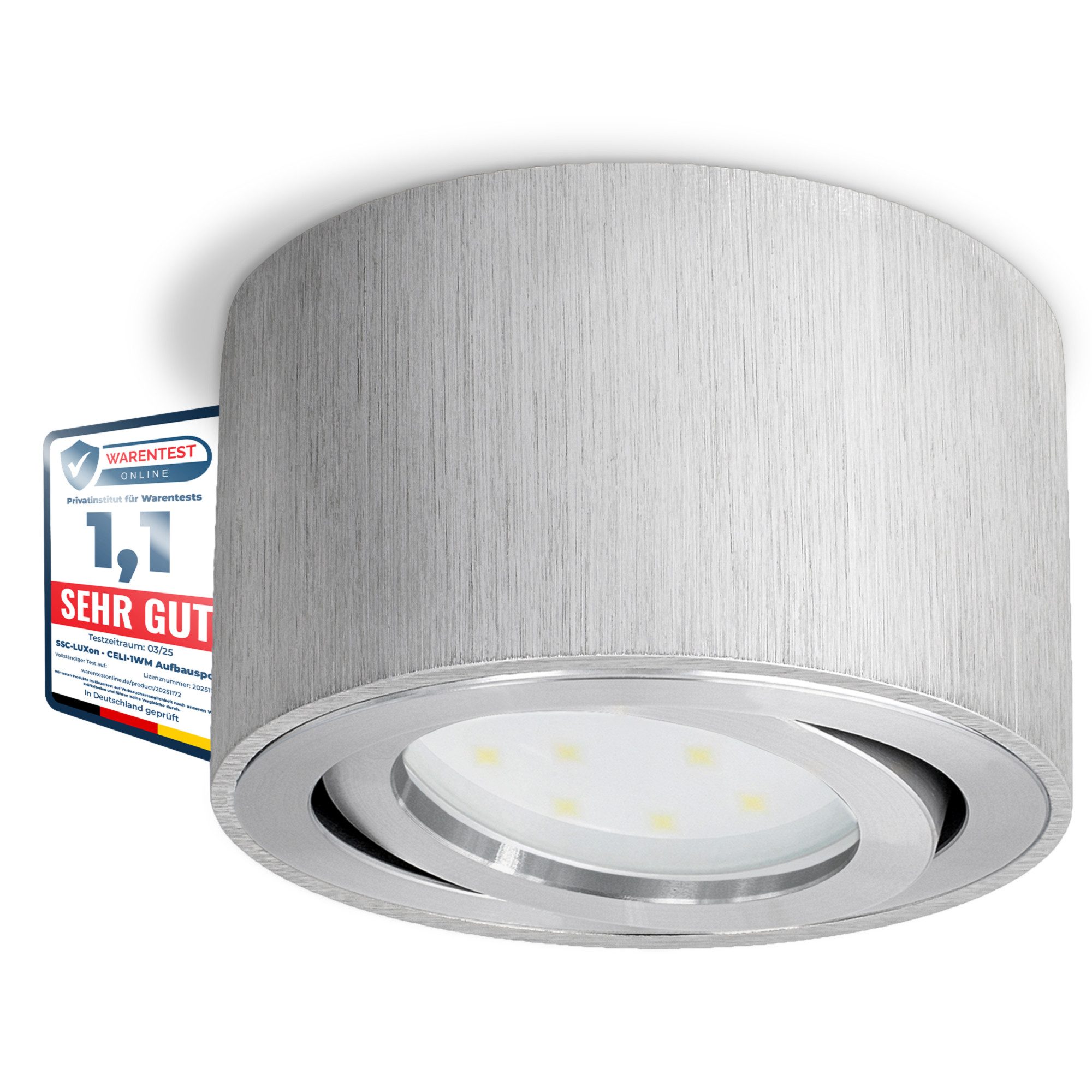 SSC-LUXon LED Aufbaustrahler CELI-1A Aufbauspot LED flach, schwenkbar in Alu gebuerstet fourSTEP, Warmweiß