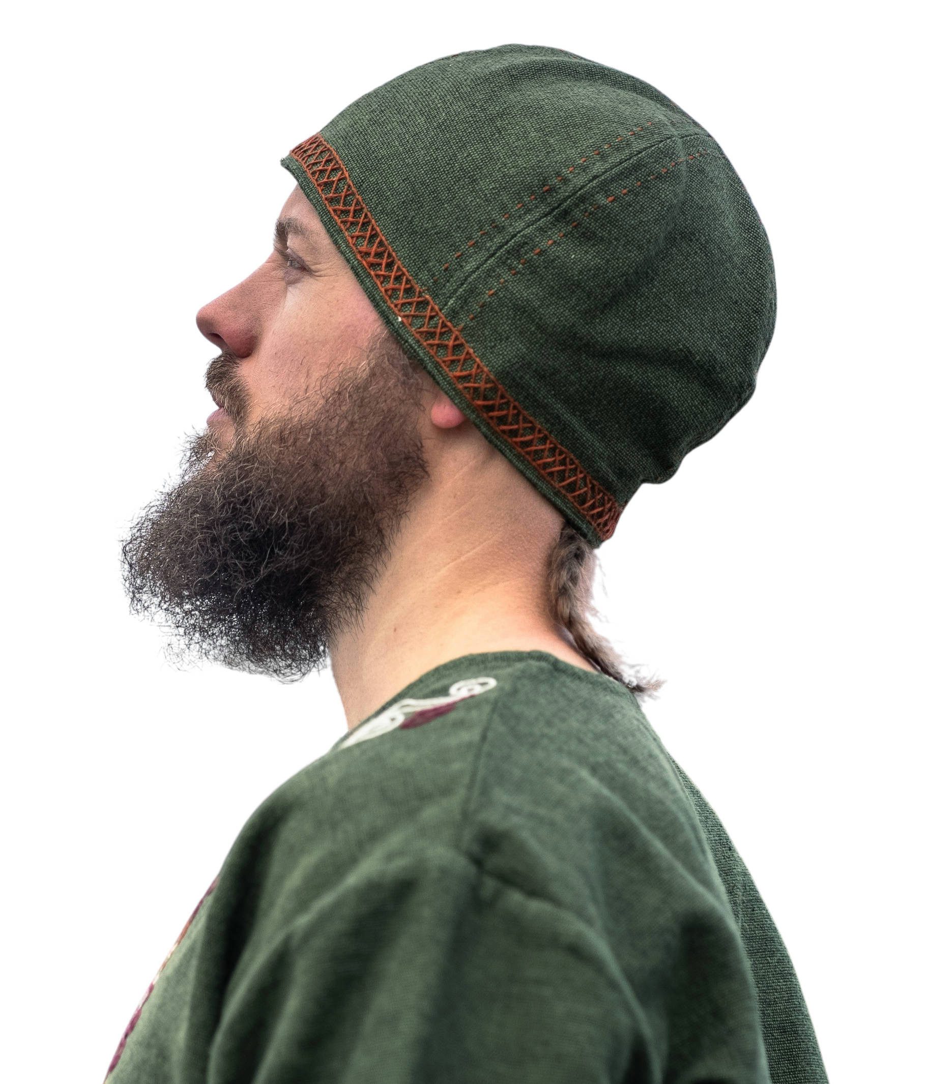 Leonardo Carbone Wikinger-Kostüm Kappe "Anders" mit Kreuzstickerei, kunstvolle Stickerei, hochwertige Baumwolle