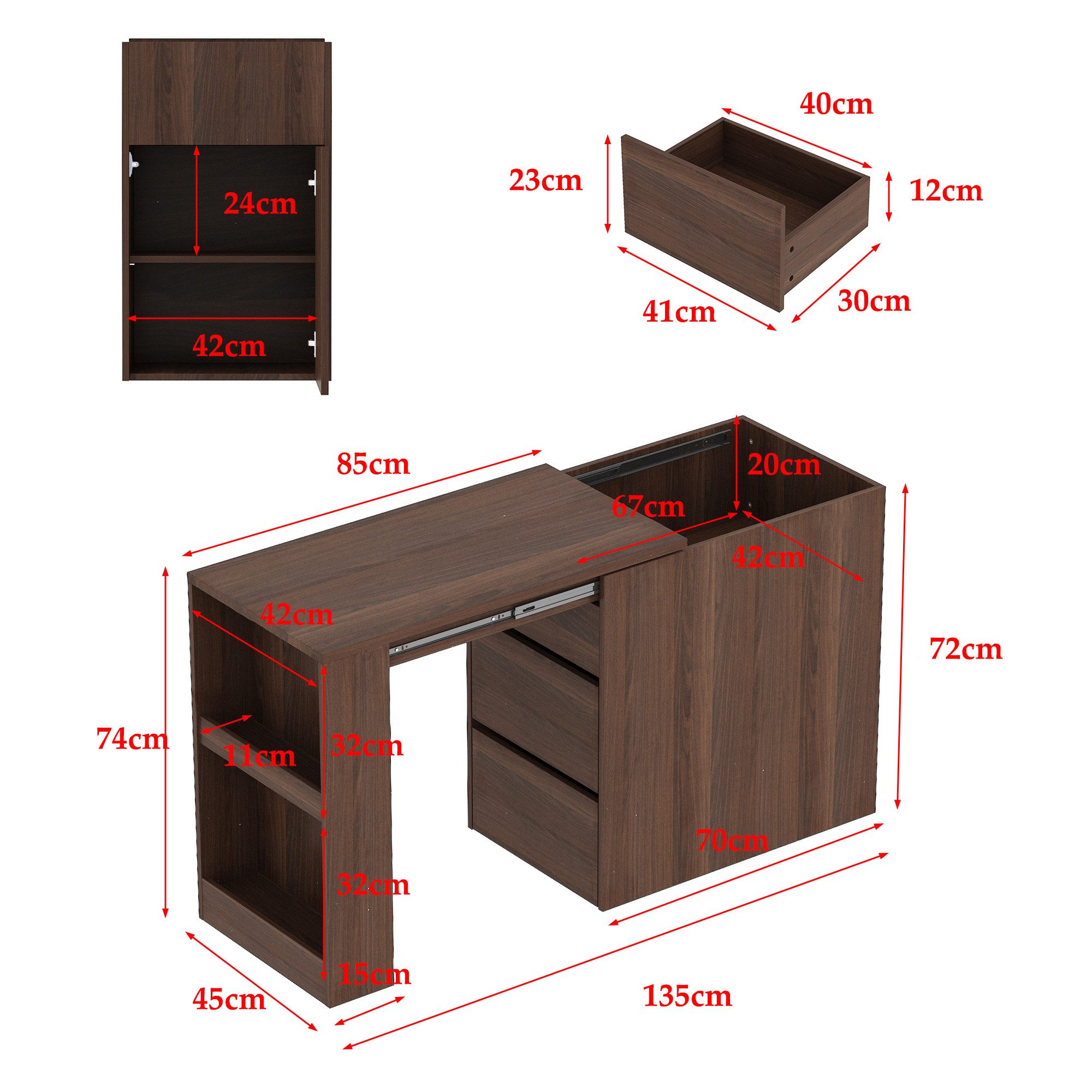 FUFU&GAGA Schreibtisch ausziehbarer Schreibtisch mit 2 Schubladen und 1 Tür,3 offenen Fächern