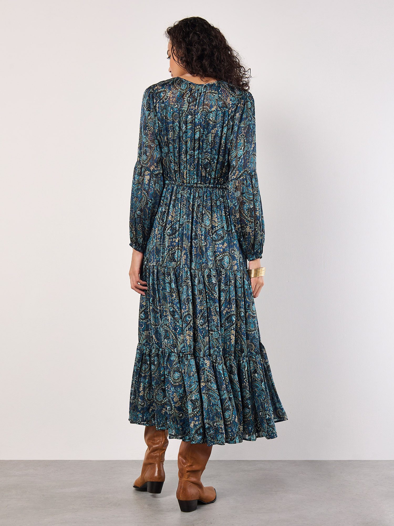 Apricot Druckkleid Paisley-Midikleid (2-tlg) mit Ballonärmeln und Bindeband