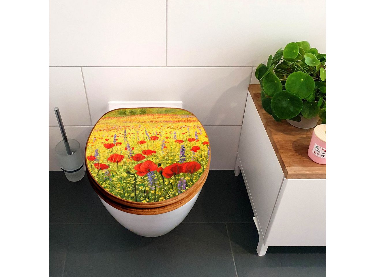 Thumbnail - banjado WC-Sitz Bambus Motiv Feld Mit Mohnblumen (umweltfreundliches Material, Edelstahl Scharniere), 44 x 38 x 5 cm