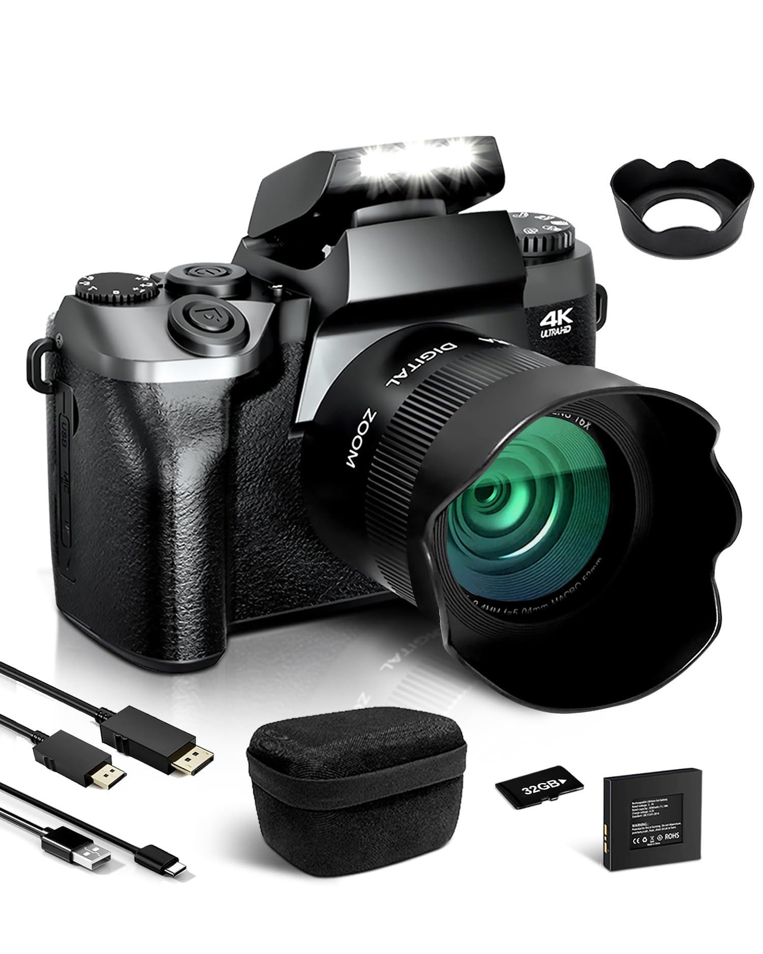 Fine Life Pro Digitalkamera 4K 64MP Fotokamera mit 4.0" Touchscreen, Kompaktkamera (inkl. mit WiFi, mit Kameratasche, der Objektivblendenabschirm, 64GB TF-Karte, 16X Digitalzoom Kompaktkamera Mit Selfie-Frontkamera für Anfänger)