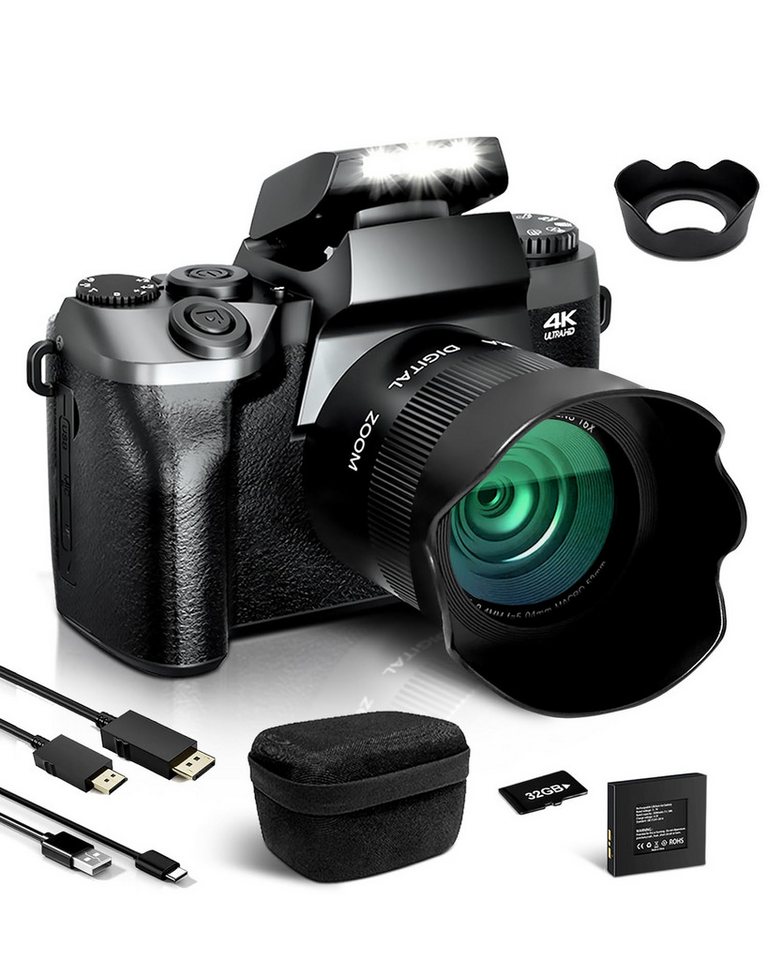 Fine Life Pro Digitalkamera 4K 64MP Fotokamera mit 4.0" Touchscreen, Kompaktkamera (inkl. mit WiFi, mit Kameratasche, der Objektivblendenabschirm, 64GB TF-Karte, 16X Digitalzoom Kompaktkamera Mit Selfie-Frontkamera für Anfänger)