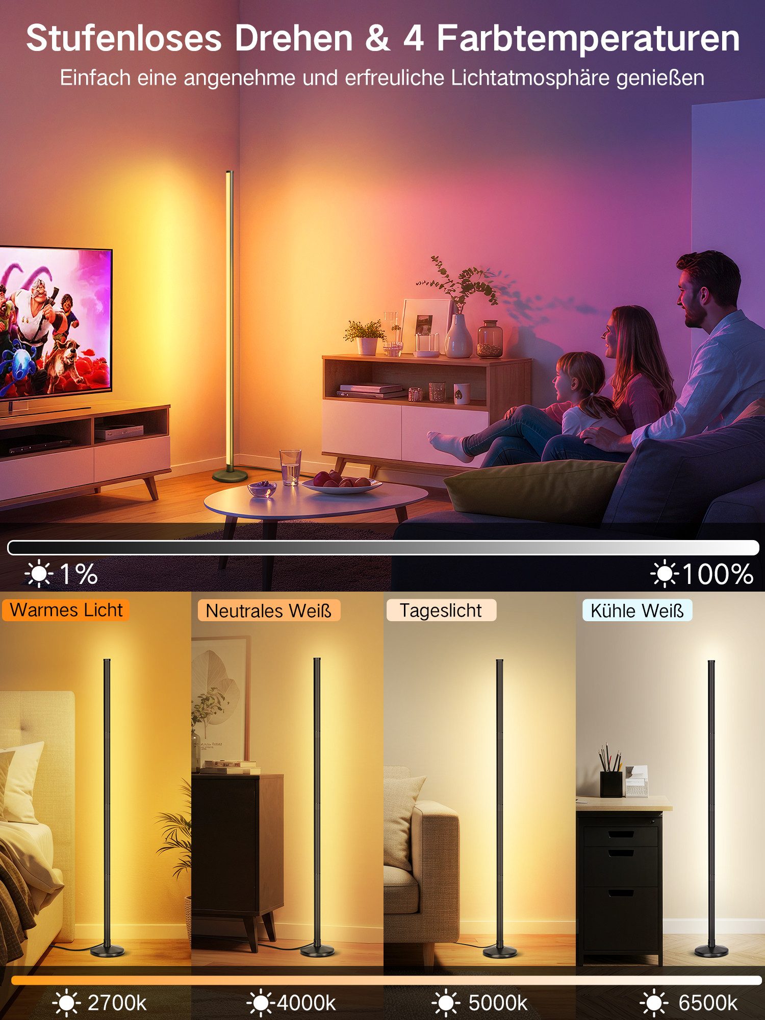 OUTON LED Stehlampe RGBCW Eckstehleuchte 168LEDs Musik-Sync App, Fernbedienung Timer 145cm