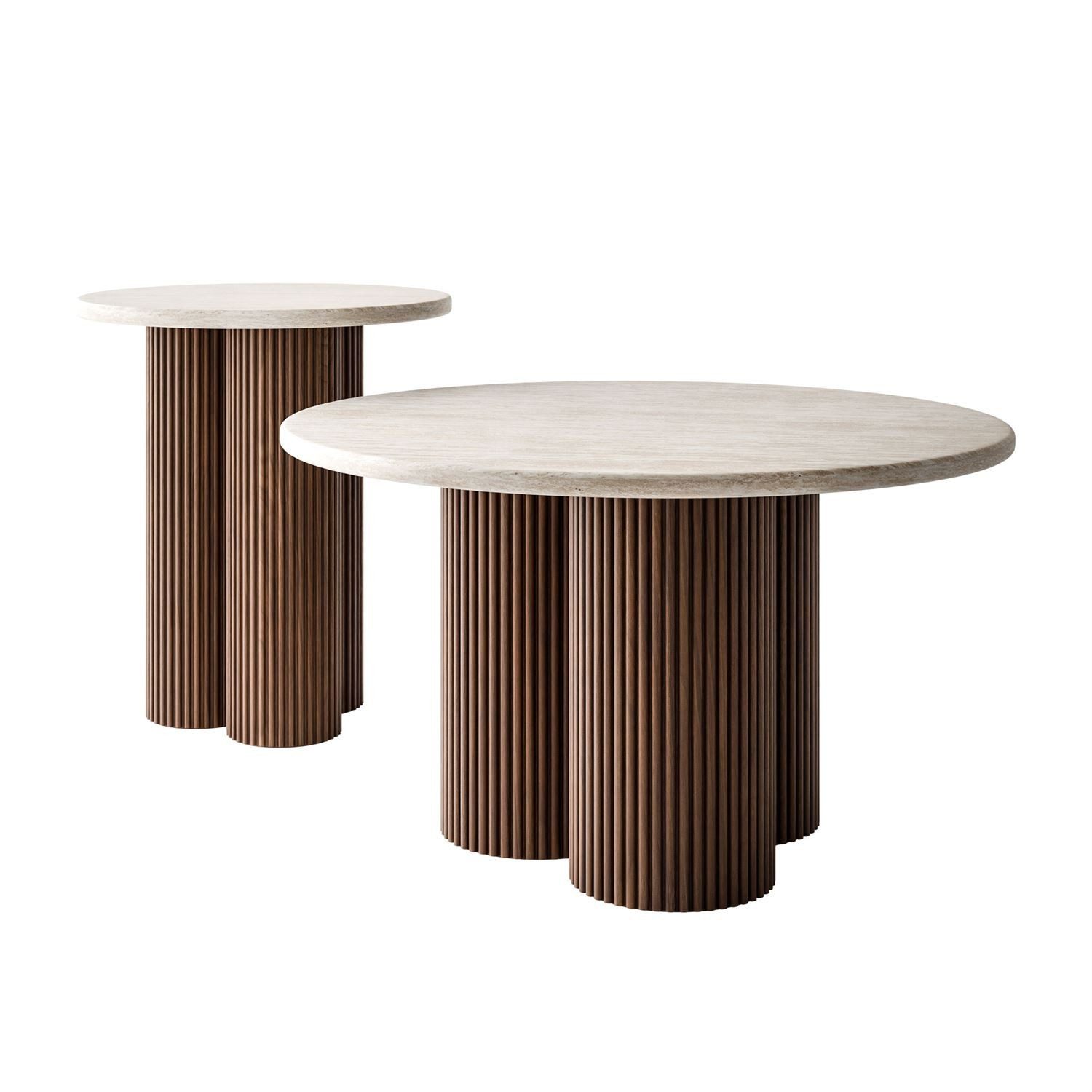 ALLHOUSE24 Couchtisch SET HARMONIA 2 in 1 mit geriffeltem Sockel Travertin-Optik / Walnuss (2er Set), Ø80 cm und Ø50 cm