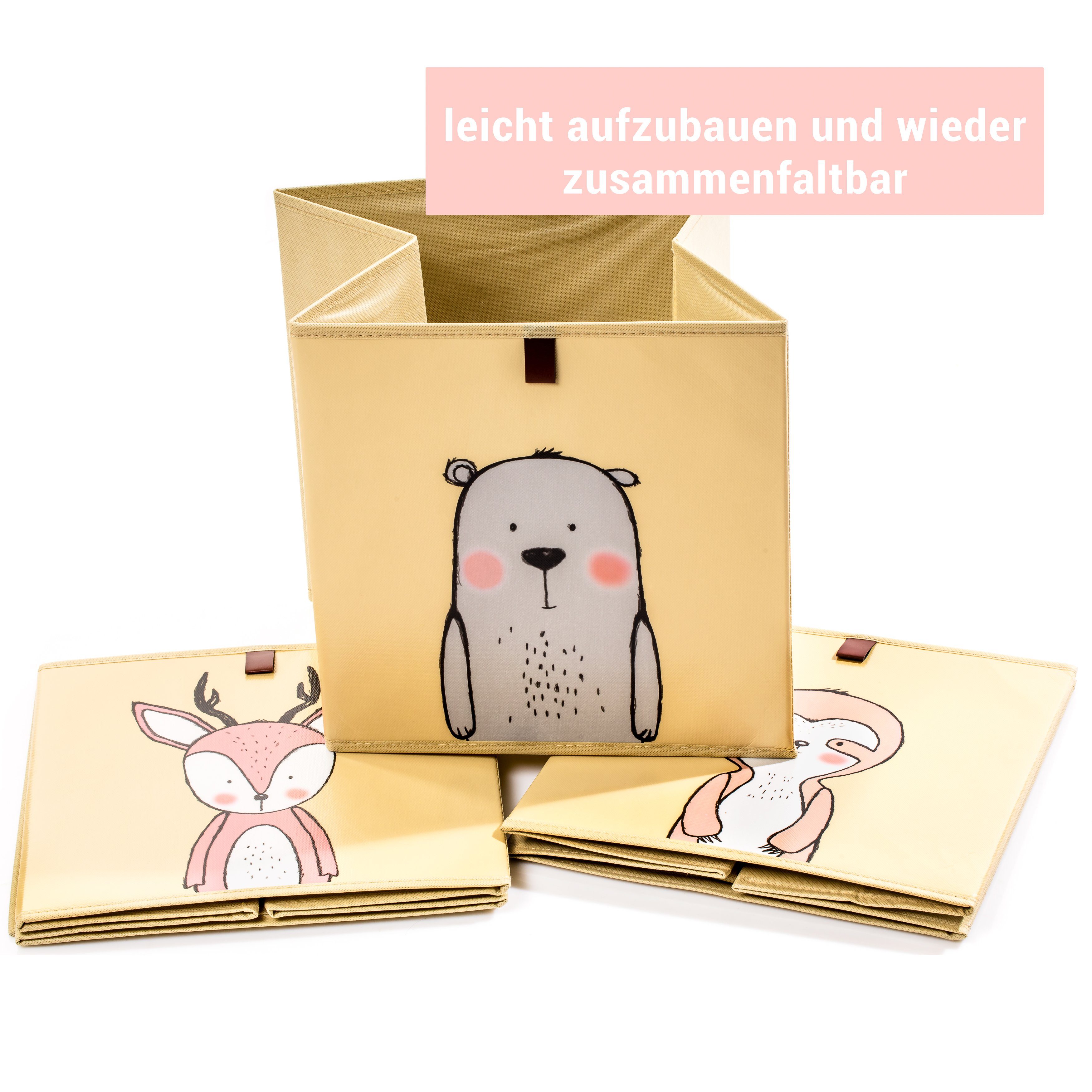 Centi Faltbox Aufbewahrungsboxen, Kallax Boxen (Set, 3 St., 33cm x 33cm x 33 cm beige), mit Schlaufe zum Herausziehen und 3 Motiven