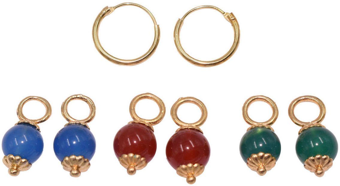 Firetti Paar Creolen Multipack Schmuck Geschenk Gold 585 Ohrschmuck Ohrringe (Set, 8-tlg), Made in Germany - mit Achat - Einhänger abnehmbar