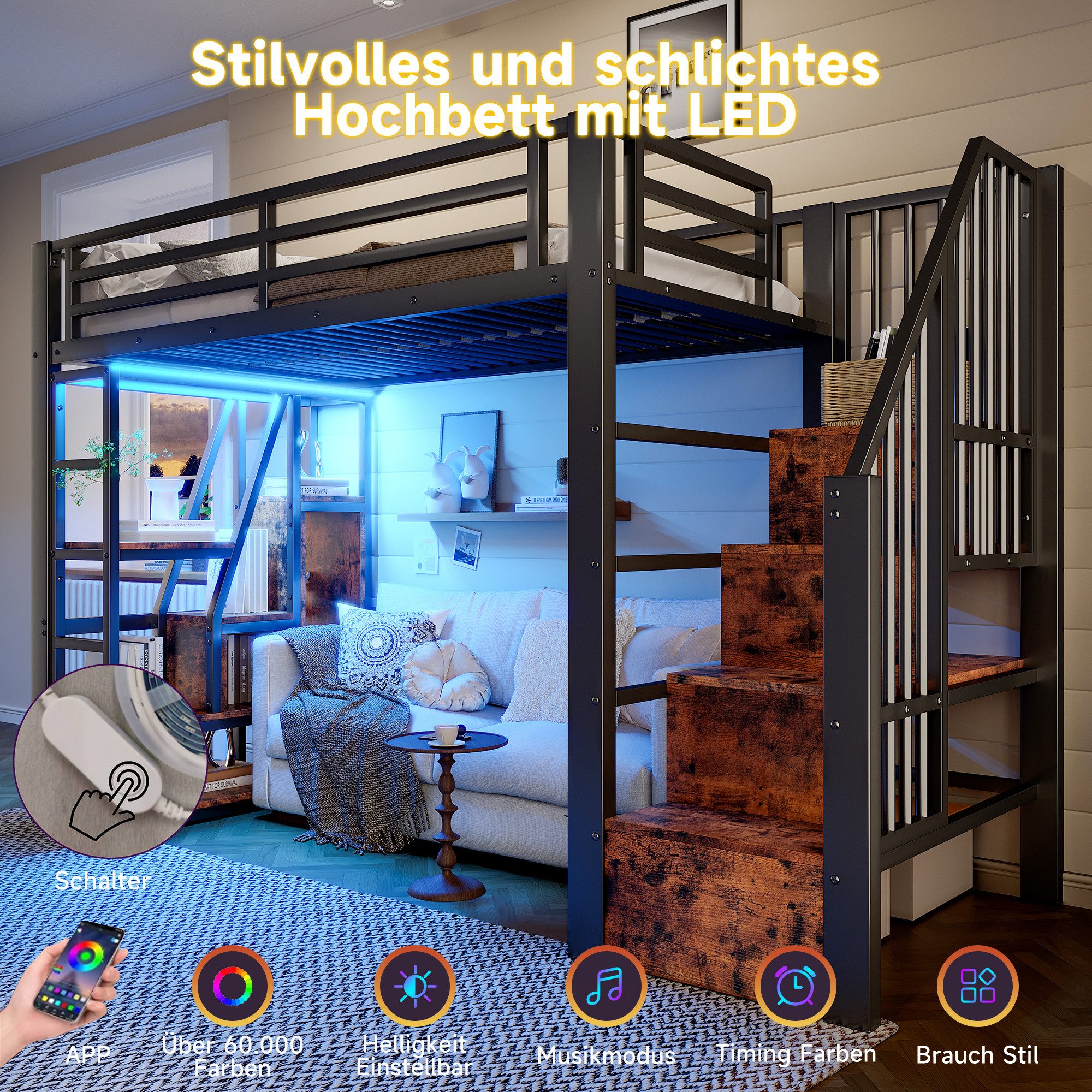 Odikalo Hochbett Metallbett 90x200 140x200 mit Stauraum,LED (Hochbett, 90 x 200 cm, Eisenrahmen, Ablagefach, integrierte Stufen, Schutzgeländer, Leiter, mit LED-Lichtleiste, offener Stauraum unter dem Bett, Matratze nicht im Lieferumfang enthalten)