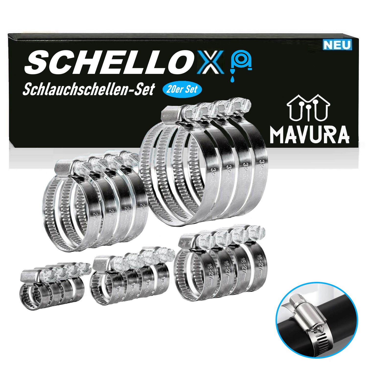 MAVURA Schlauchschelle SCHELLOX Schlauchschellen Set Schlauchbinder Rohrschellen Edelstahl, Schlauchklemmen Sortiment Schlauchschelle [20er]