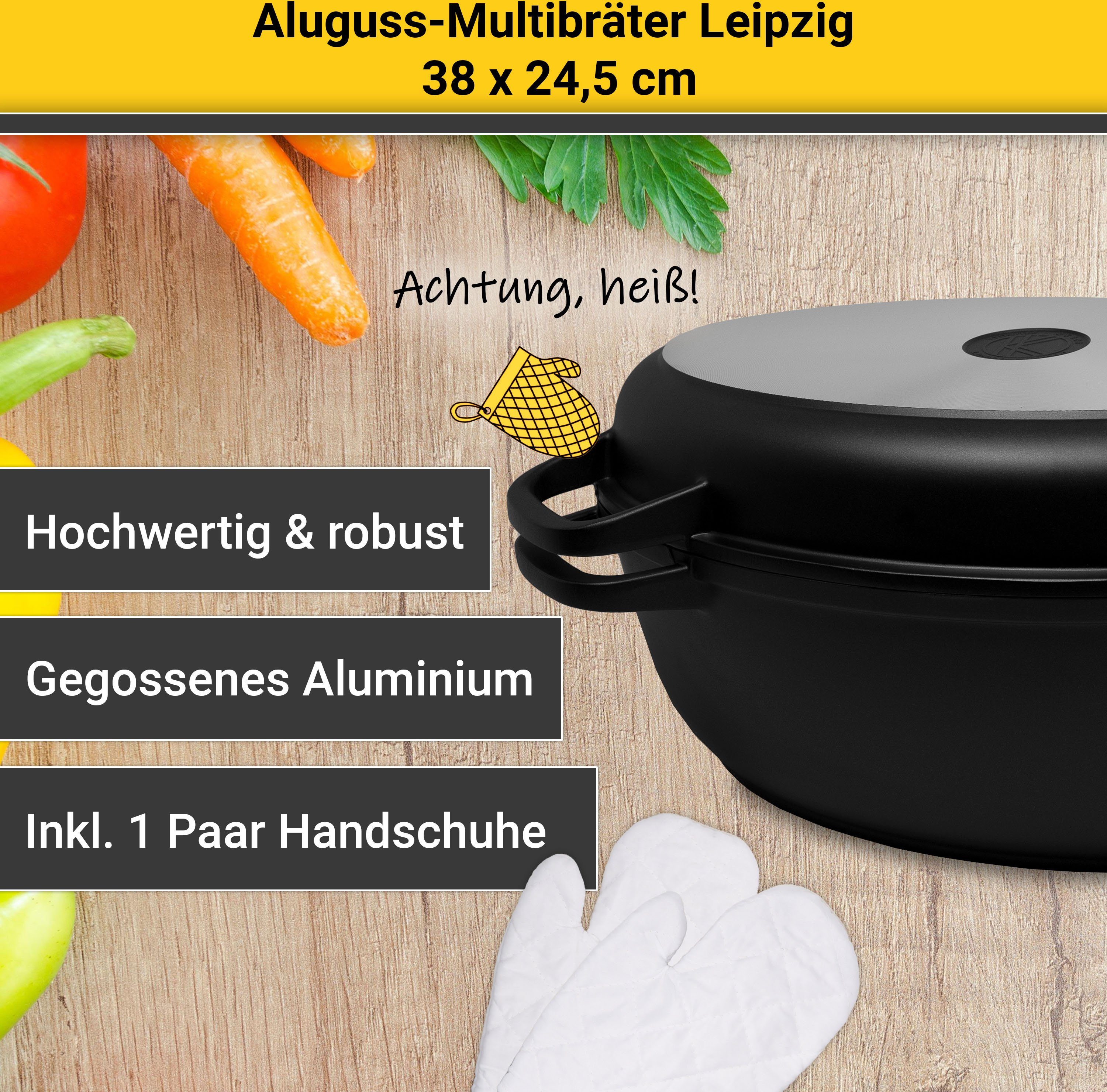 Krüger Bräter Aluguss Multibräter mit Grilldeckel LEIPZIG, 38 x 24,5 x 13 cm, Aluminiumguss (1-tlg), hochwertige Antihaft-Versiegelung