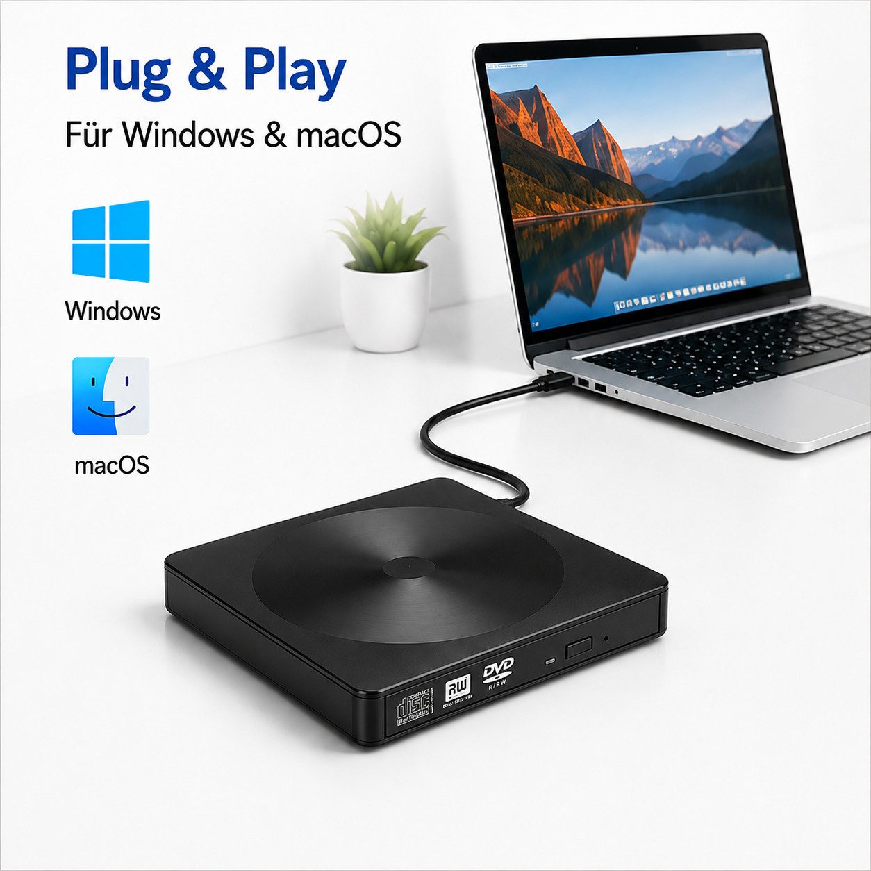 Toomoke Externes CD/DVD-Laufwerk, CD-Brenner, optisches Laufwerk, DVD-Brenner (USB-Laufwerk für Laptop, PC und Mac, kompatibel mit Windows und macOS, DVD 8x/CD  – Bild 4 von 5