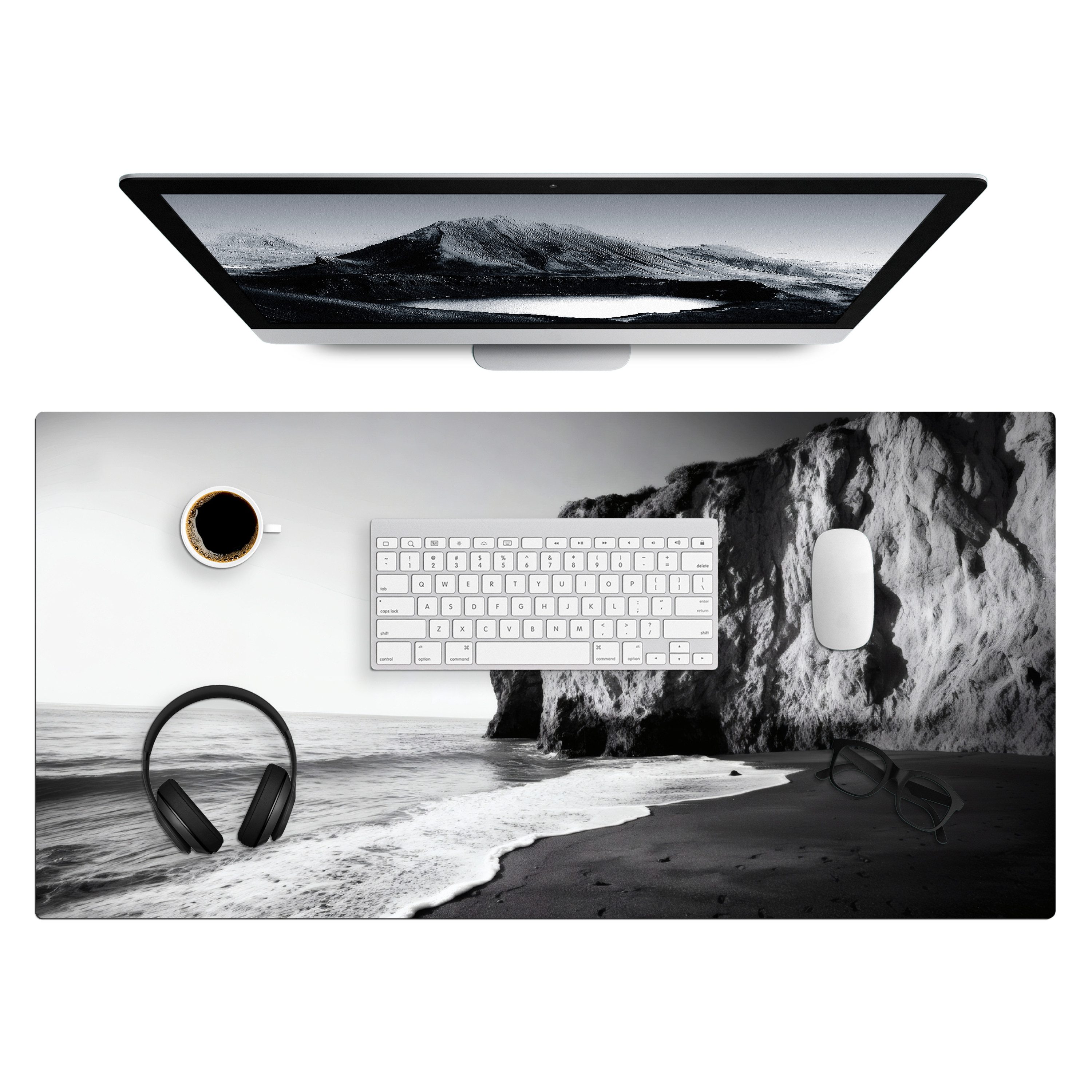 MuchoWow Gaming Mauspad Strand - Klippe - Wellen - Fußstapfen (1-St), Gaming Mauspad XXL, Schreibtischunterlage, Mousepad, Deko, 90x45 cm