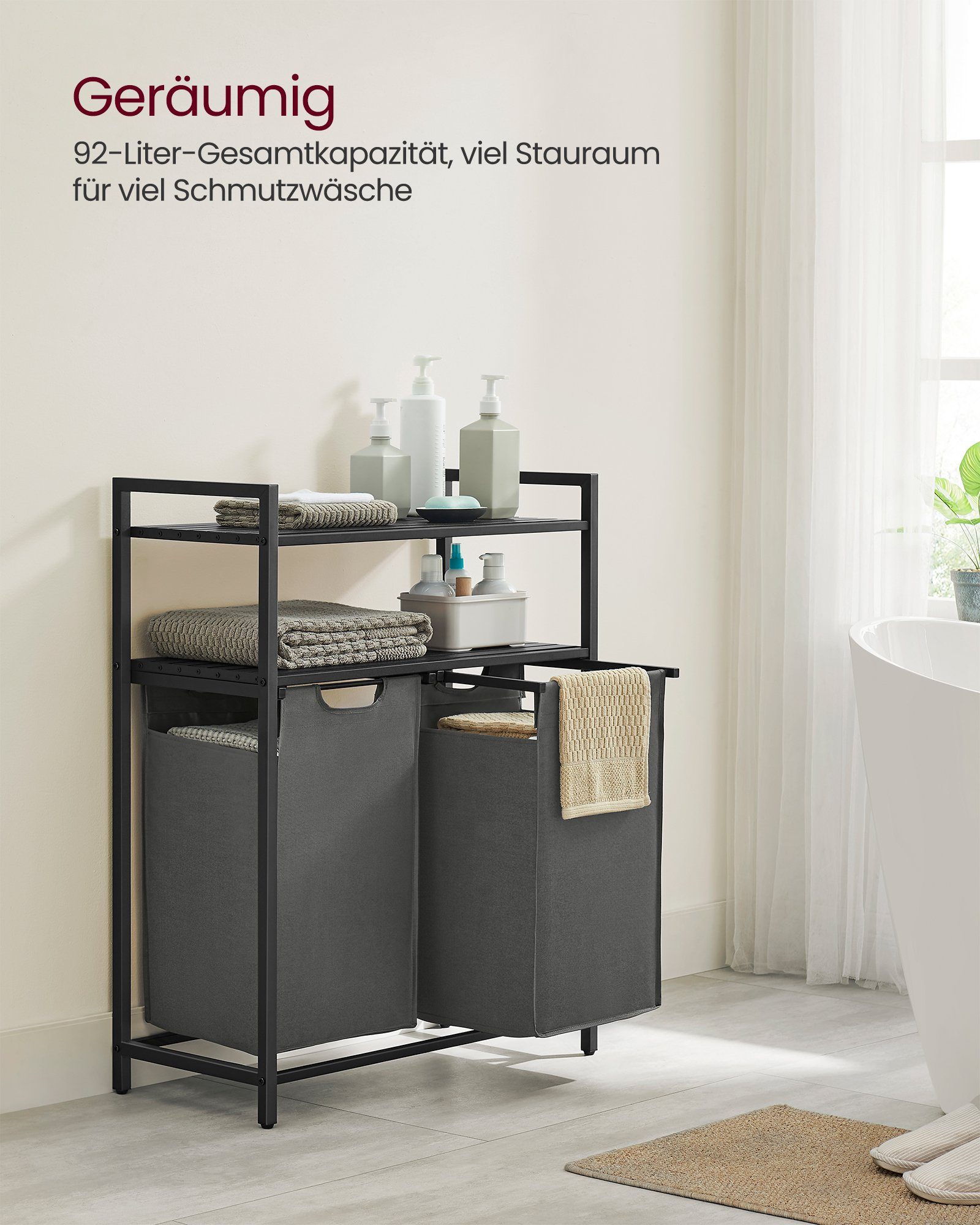 VASAGLE Wäschekorb Wäschesack ausziehbar und abnehmbar, für Badezimmer, Waschküche, 2 Fächer, Wäschesammler, pro Tasche 46 Liter, 33 x 92 x 73 cm