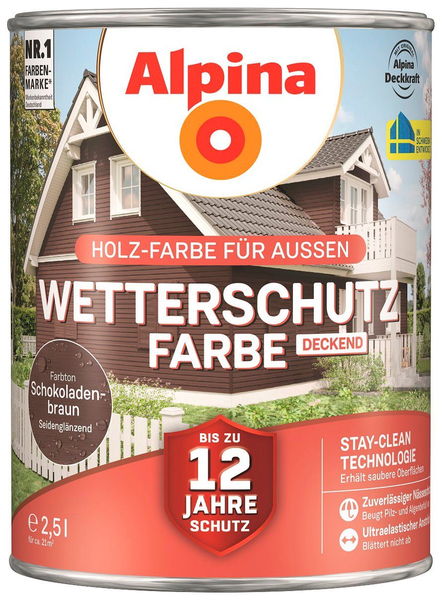 Wetterschutzfarbe für Liter Schokoladenbraun 2,5 seidenmatt, Alpina deckend, Wetterschutzfarbe, 21 m² ca.