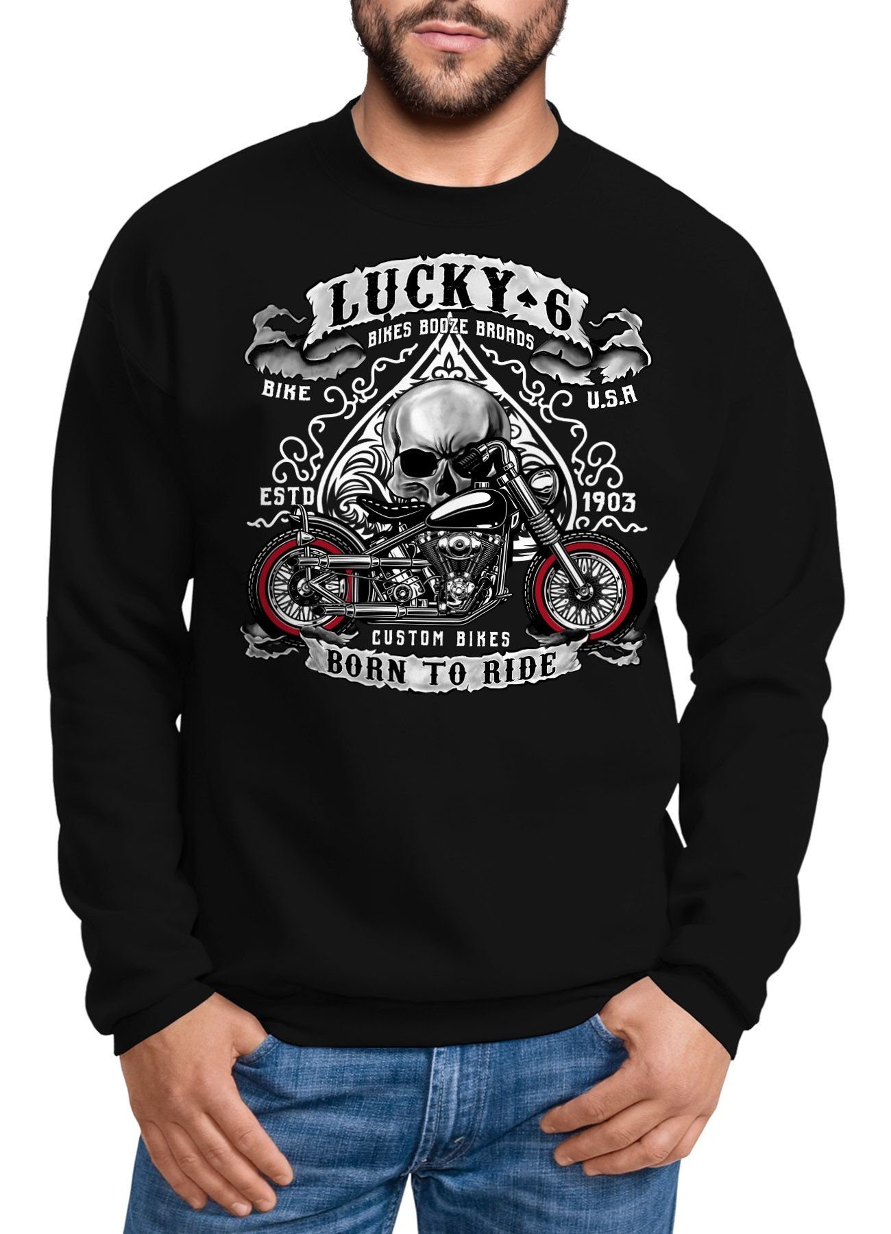 MoonWorks Sweatshirt Sweatshirt Herren Biker Lucky 6 Totenkopf Pik Motorrad Live to Ride