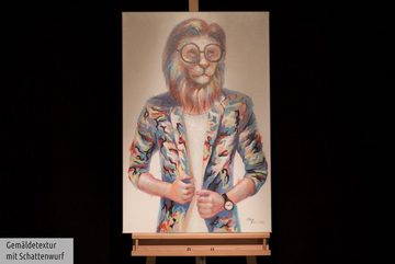 KUNSTLOFT Gemälde Hipster Lion 60x90 cm, Leinwandbild 100% HANDGEMALT Wandbild Wohnzimmer
