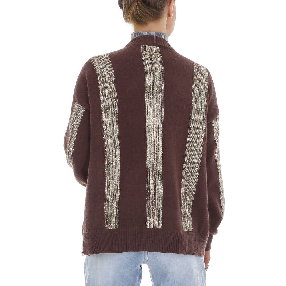 Ital-Design Strickpullover Cardigan Braun Glitzer Gestreift Braun, Freizeit in Strickjacke Gold & Damen Stretch