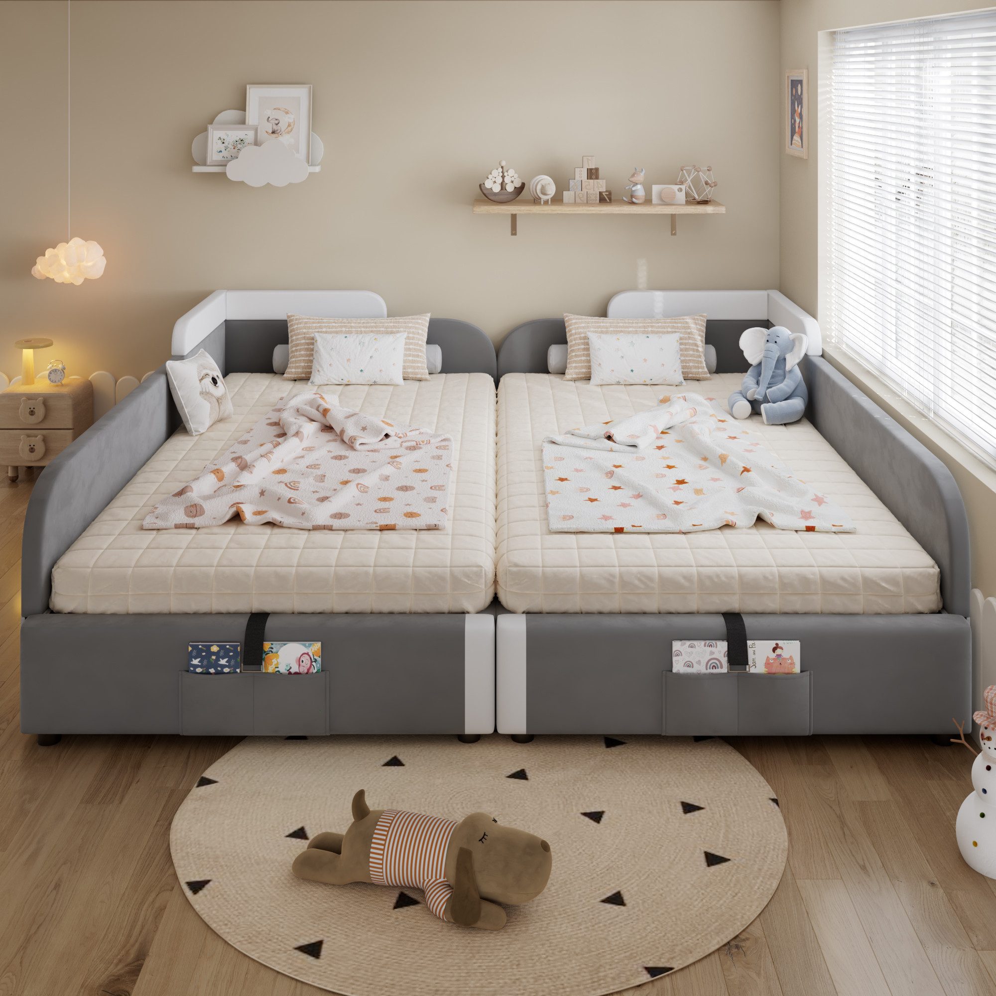 STILVORA Schlafsofa 90×200 mit Zaun,2er-Set Kinderbett Bettgestell mit Bettkasten,Grau, Hydraulisches Polsterbett mit Stauraum, Erhöhter Weicher Zaun, Aufbewahrungstasche und Samtbezug 90x200/180x200cm, ohne Matratze