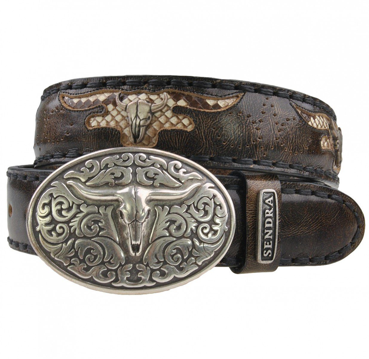 Sendra Boots Ledergürtel 8322-Denver Canela Sendra Leder-Gürtel mit Python-Inlay und Stierkopfschnalle.
