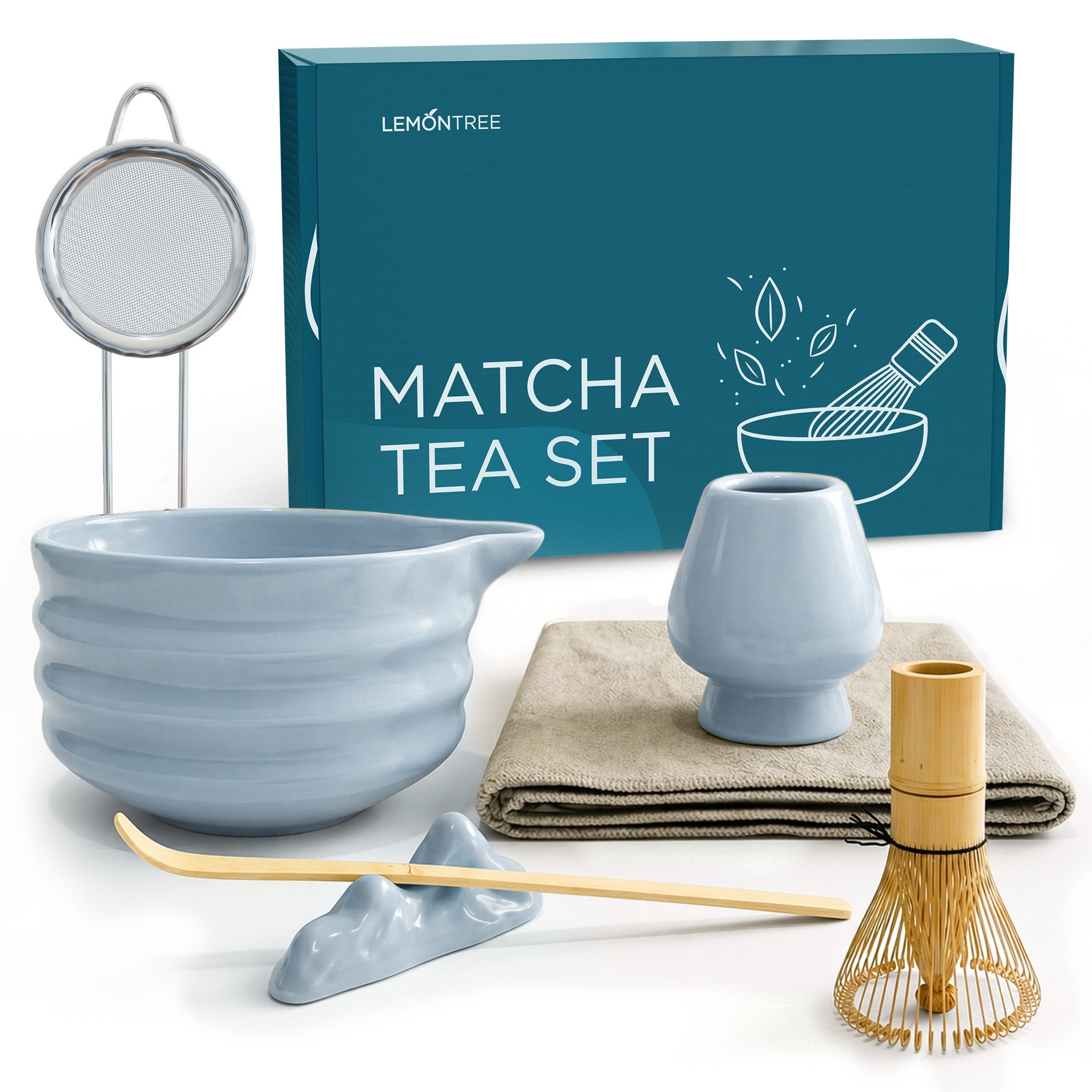 Lemontree Teeservice Matcha Set - 7-teiliges Matcha Tee Lebensmittelecht, Spülmaschinenfest, 1 Personen, Keramik, Matcha Zubehör Set Bambus Besen, Keramik Schale, Matcha Löffel & Sieb