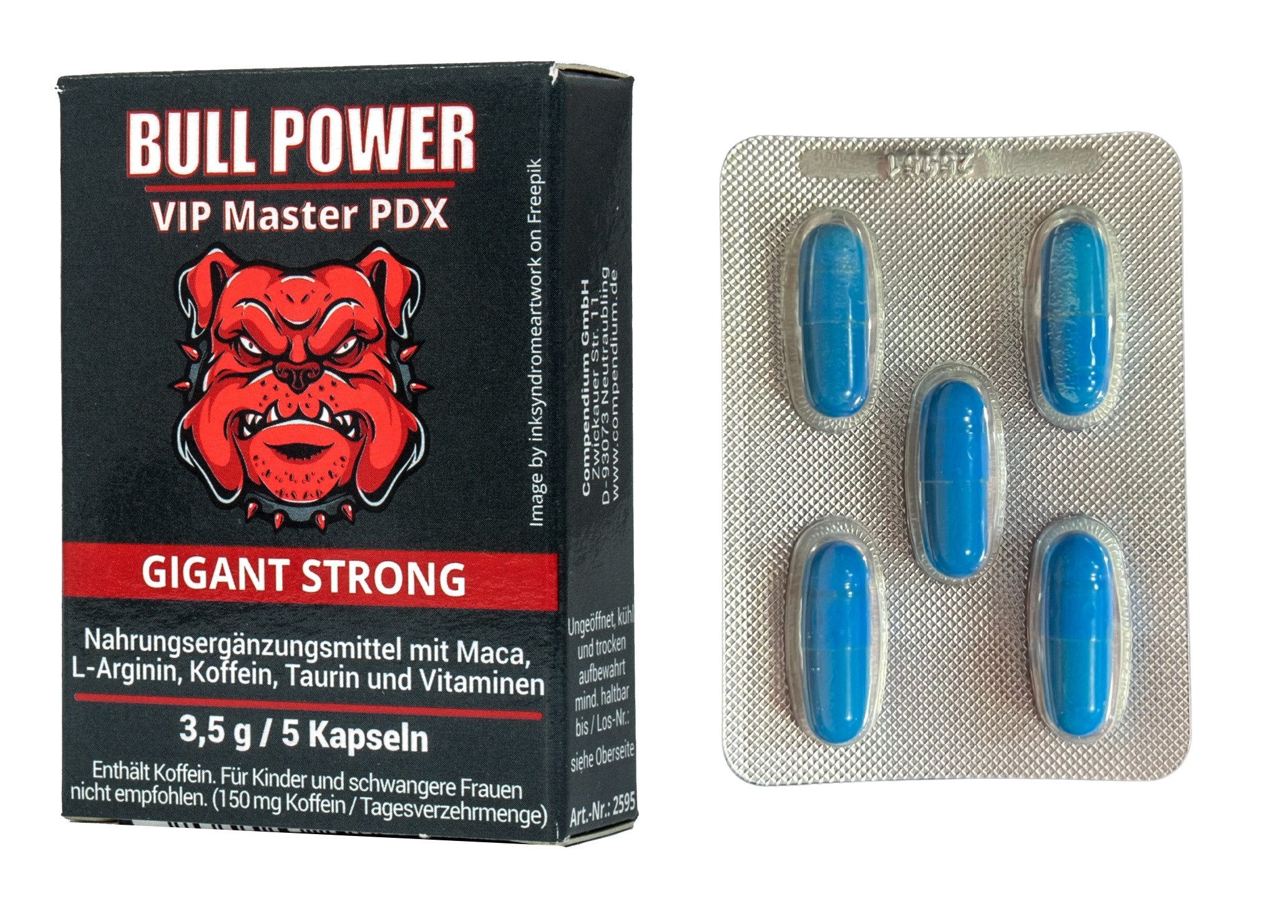 denu-shop Blaue Pillen Herbal Bull Power Strong für Männer Maca L-Arginin Taurin Kapsel, 1 er Packung à 5 St., 10 g