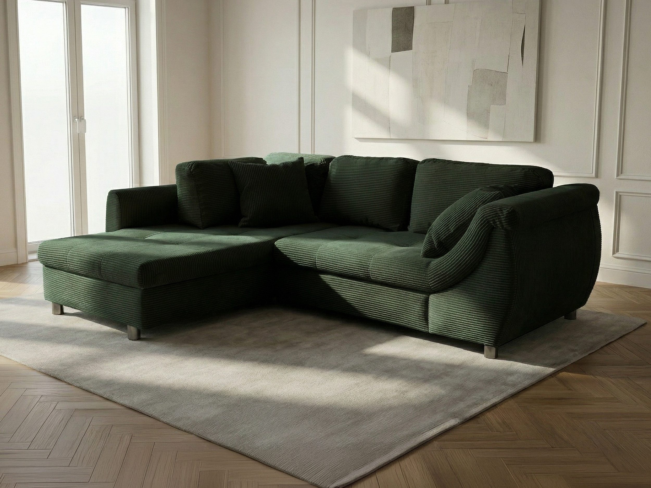 Massivart® Ecksofa Cord mit Bettfunktion / 250 x 190 cm / mit Bettkasten »LUNARO«, Nosagfederung · Schlaffunktion · Metallfüße · Kissen-Set